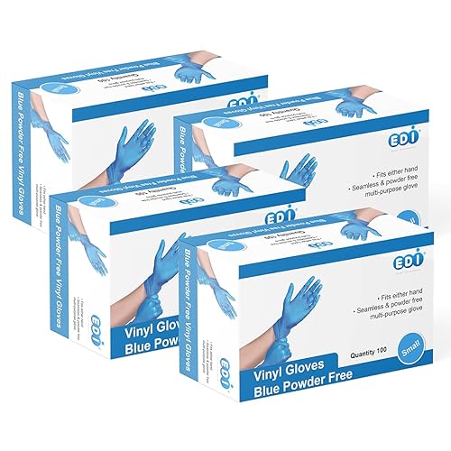 EDI Disposable Vinyl Gloves (Blue) - Powder-Free, Latex-Free (400, Small)