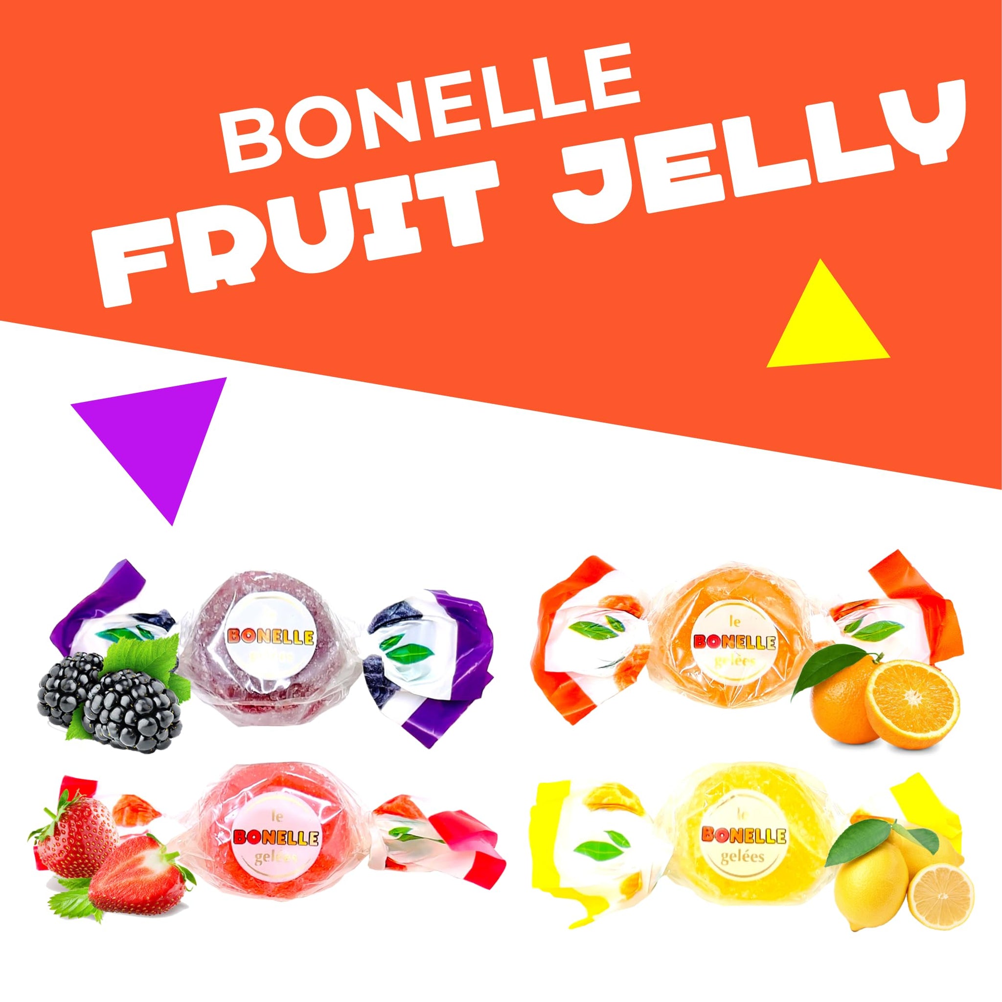 Bonelle Italian Fruit Jelly Candy | 1 Pound Bag | Vegan Dye Free Candy Individually Wrapped | Lemon, Strawberry, Orange, Blackberry | Naturally