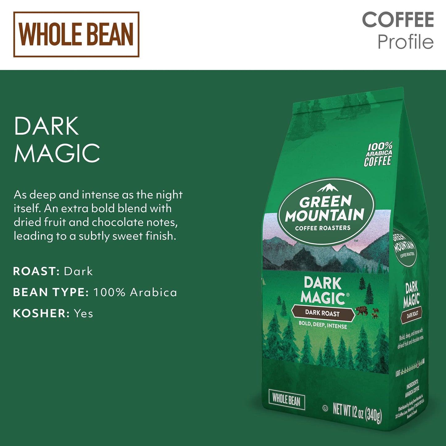 Green Mountain Coffee Roasters, Dark Magic, Whole Bean Coffee, Dark Roast, Bagged 12oz
