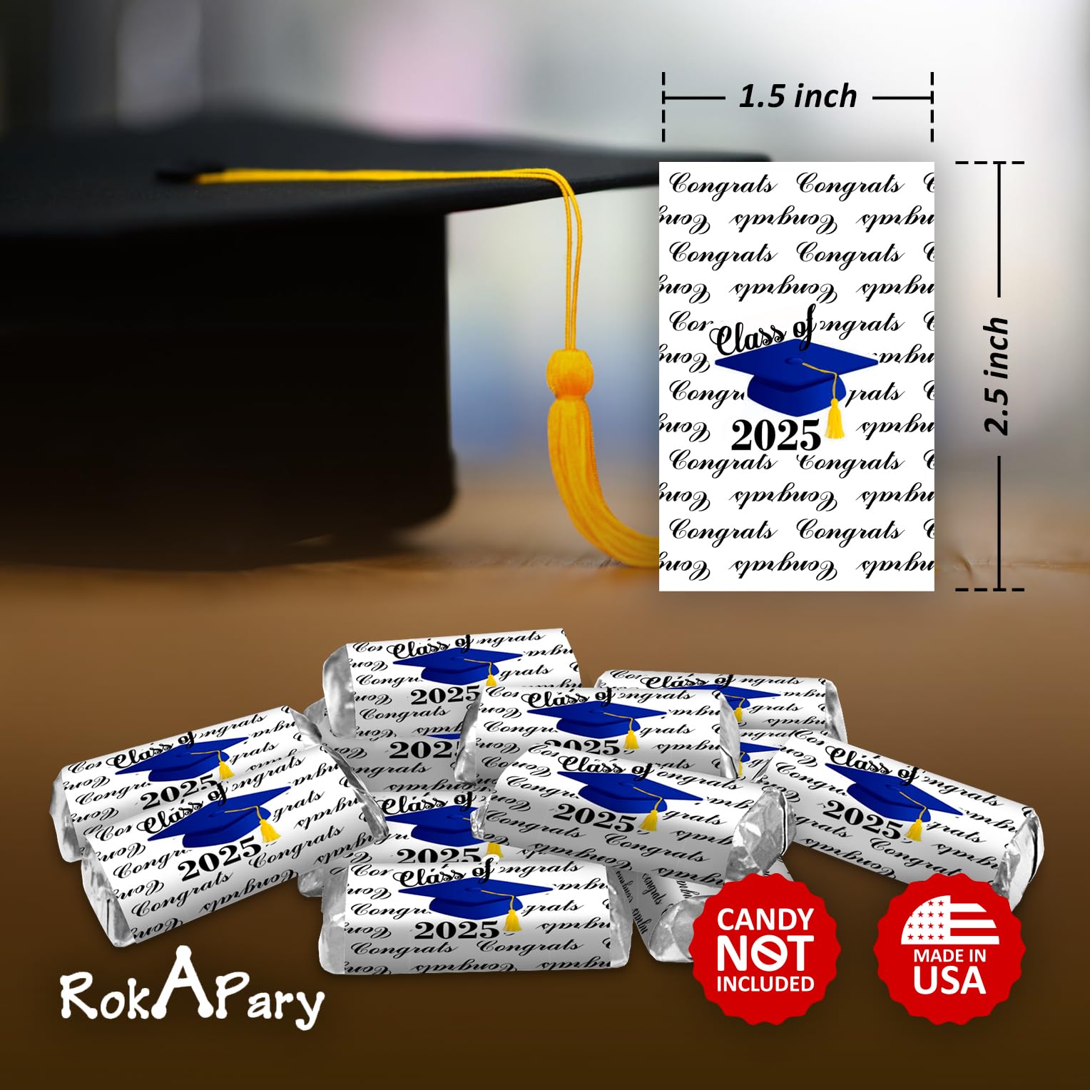 60 Graduation Cap Party Class of 2026 Miniatures Candy Bar Wrapper, (Set of 60) Mini Candy Chocolate Bar Stickers, Labels, Candy Not Included, Color