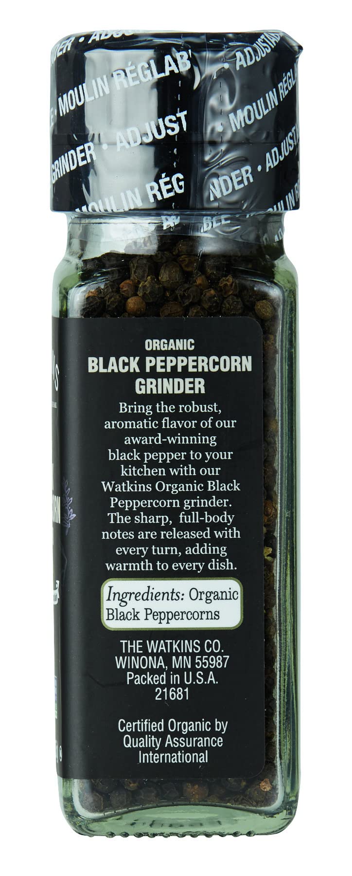 Watkins Organic Black Peppercorn Grinder, 2.6 Ounce