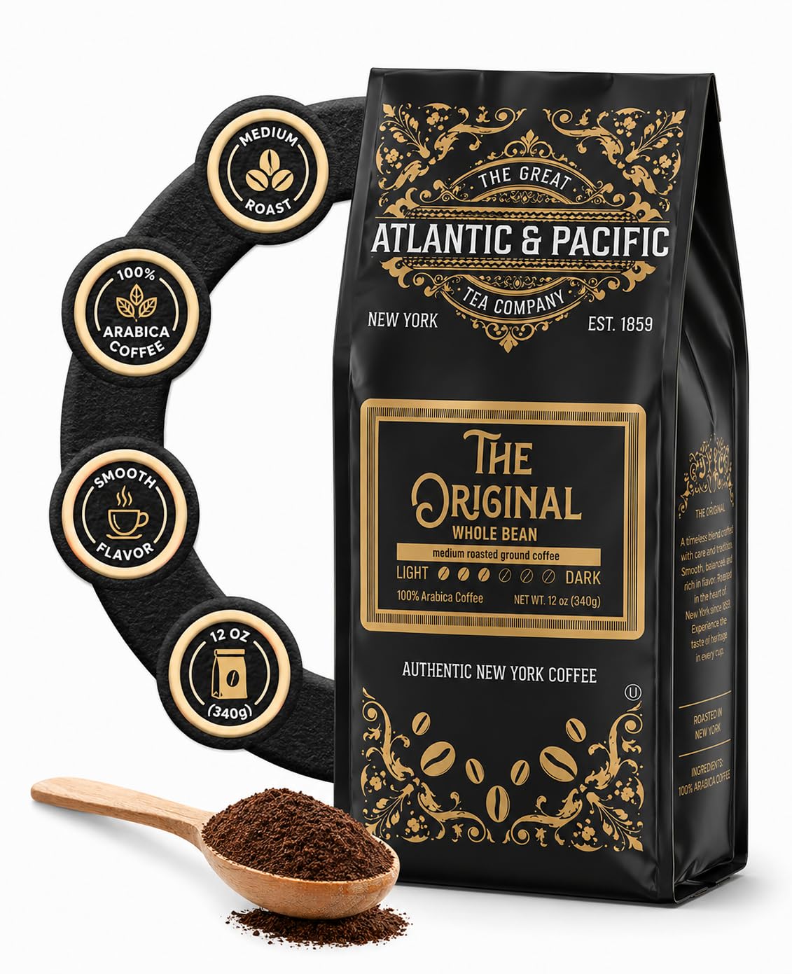 A&P Coffee Original Medium Roast Whole Bean Coffee, 12 oz, 100% Arabica Coffee Beans, Classic Smooth Flavor, Fresh Roasted Blend, Rich Aroma, Ideal