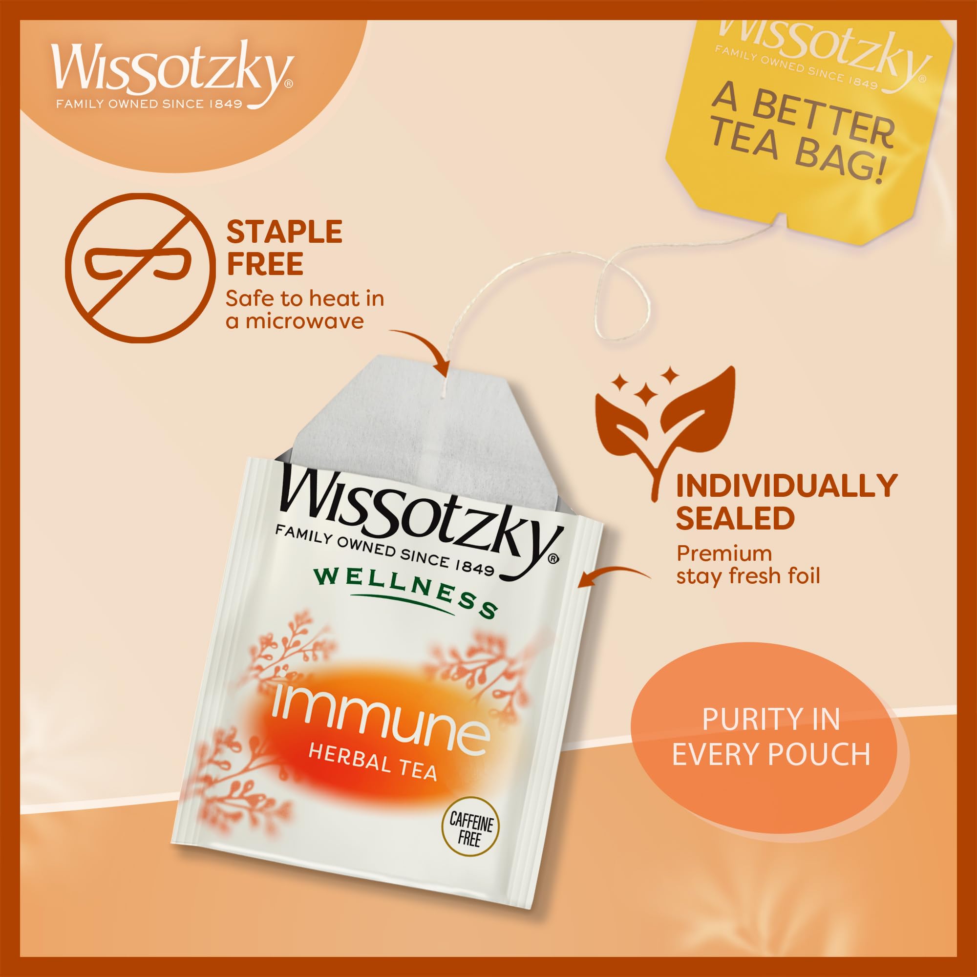 Wissotzky Wellness Immune Herbal Tea, 20 Tea Bags | Caffeine Free | With Ginger, Turmeric, Echinacea & Lemon | Herbal Tea for Immune Support & Daily