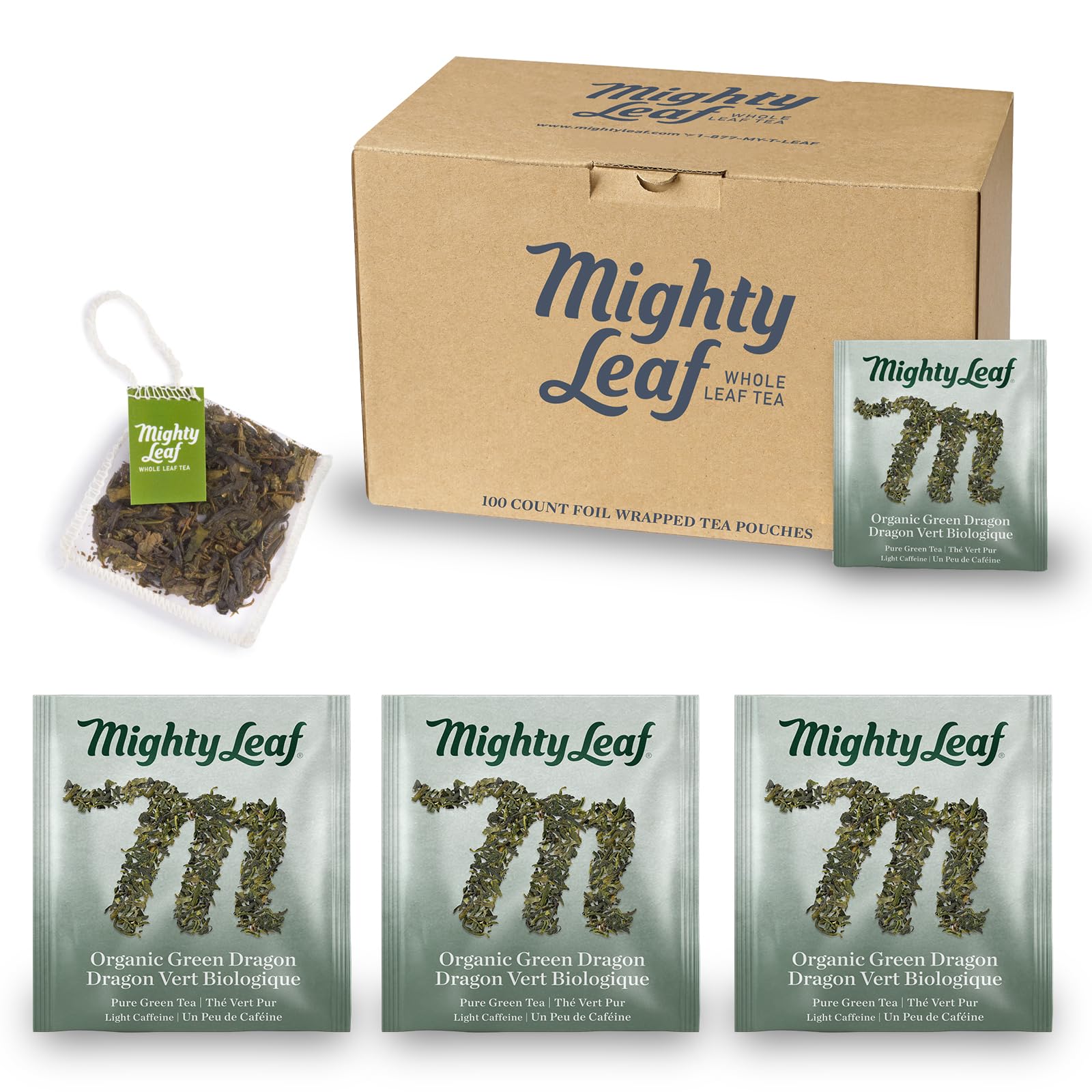 Mighty Leaf Organic Green Dragon Tea - 100 Count Whole Leaf Green Tea Bags - Smooth & Earthy Flavor - Premium Silk Pouches for Wellness and Natural