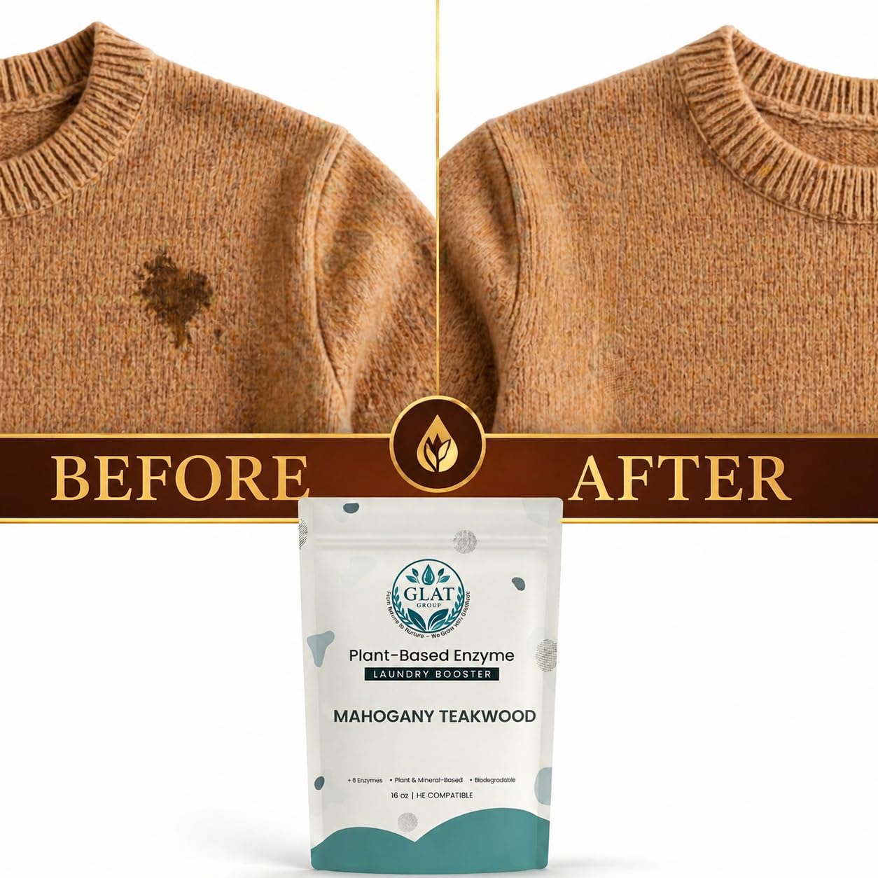 GLAT Group Enzyme Laundry Booster Powder - Mahogany Teakwood | Plant-Based, 6-Enzyme Blend for Maximum Stain & Odor Removal | Biodegradable, Boosts