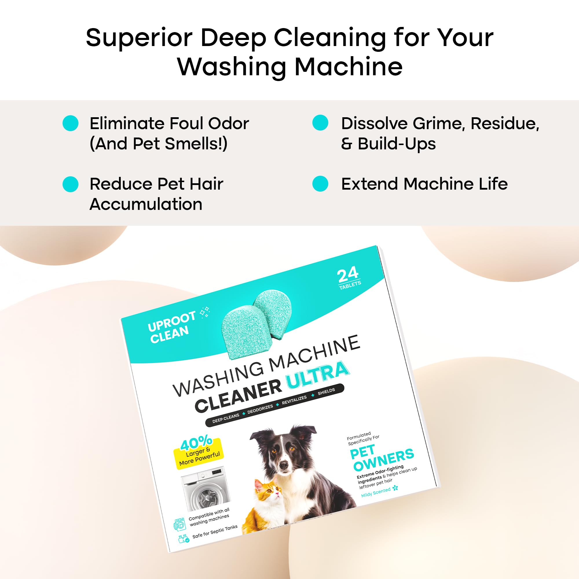 Uproot Clean Washing Machine Cleaner Tablets Ultra - 40% Stronger Formula: Designed for Pet Owners, Remove Residue, Grime & Odors, Compatible with HE