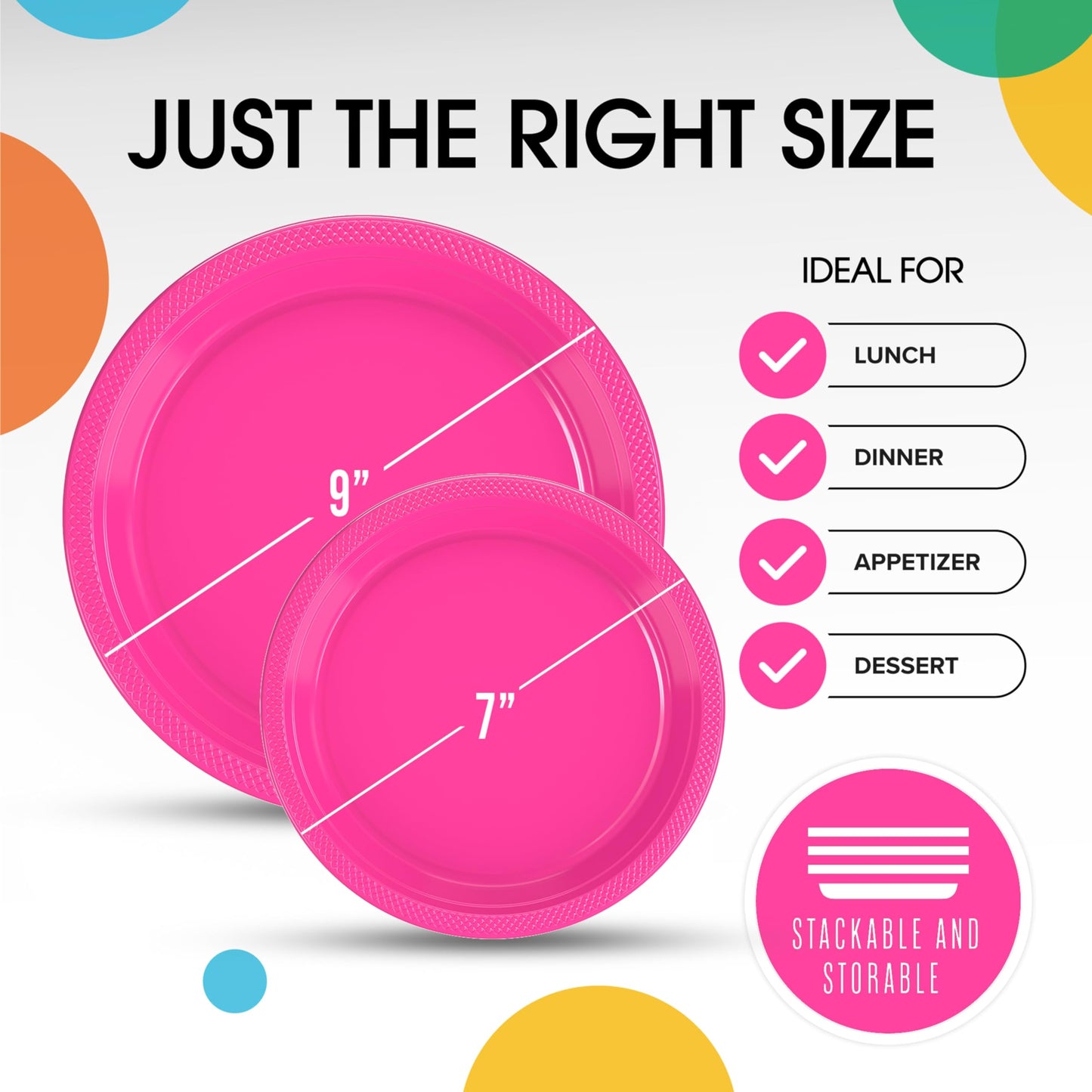 Exquisite Party Solids Hot Pink Plates Disposable Hot Pink Plastic Plates 100 Pieces - 50-7" & 50-9" Heavy Duty 350 GSM Disposable Dinnerware Sets