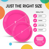Exquisite Party Solids Hot Pink Plates Disposable Hot Pink Plastic Plates 100 Pieces - 50-7" & 50-9" Heavy Duty 350 GSM Disposable Dinnerware Sets