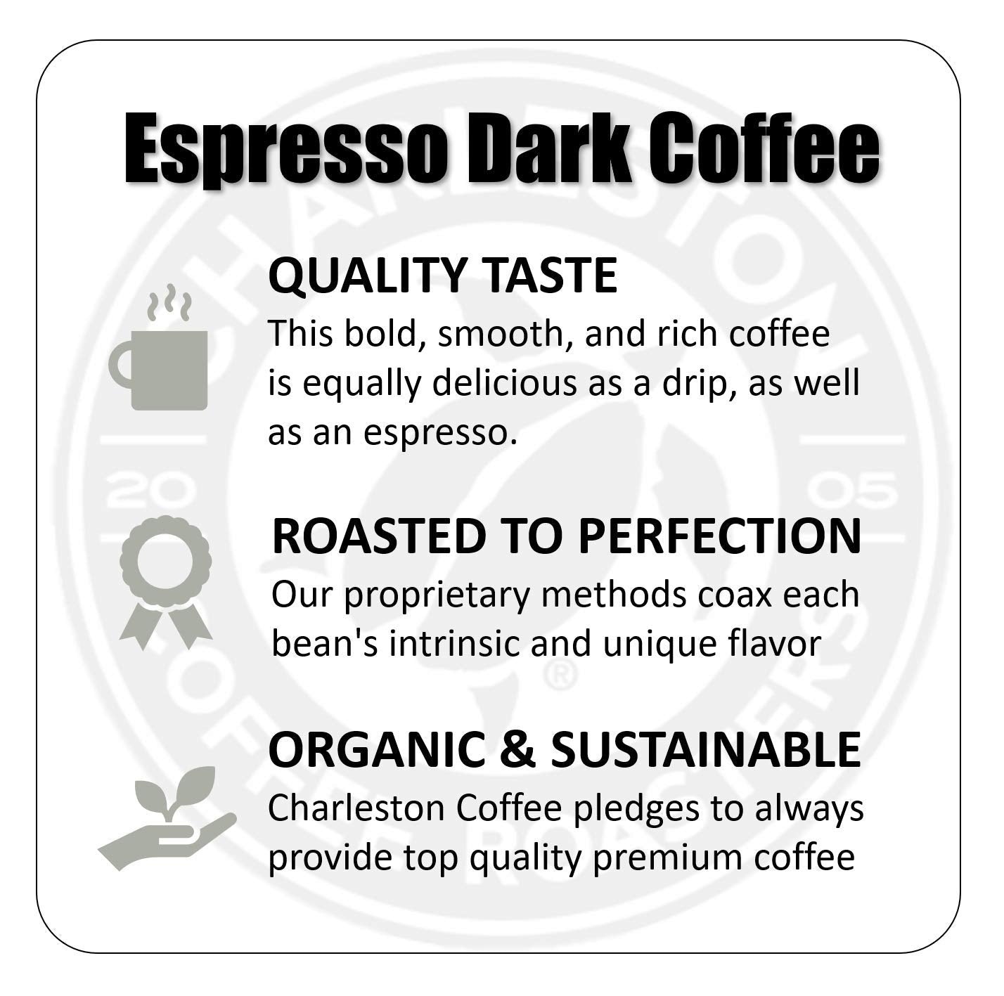 Charleston Coffee Roasters | Specialty Organic Whole Bean Coffee | Hand Picked, Premium Slow Roast | (Espresso Dark, Bold Roast) 12oz