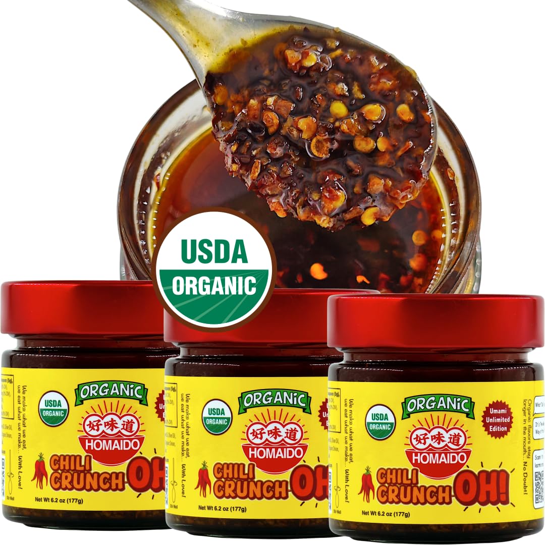 Homaido Organic Chili Crunch-Oh! Spicy Chili Crisp, Non-GMO, MSG free, USA, 6.2oz (3 Pack)