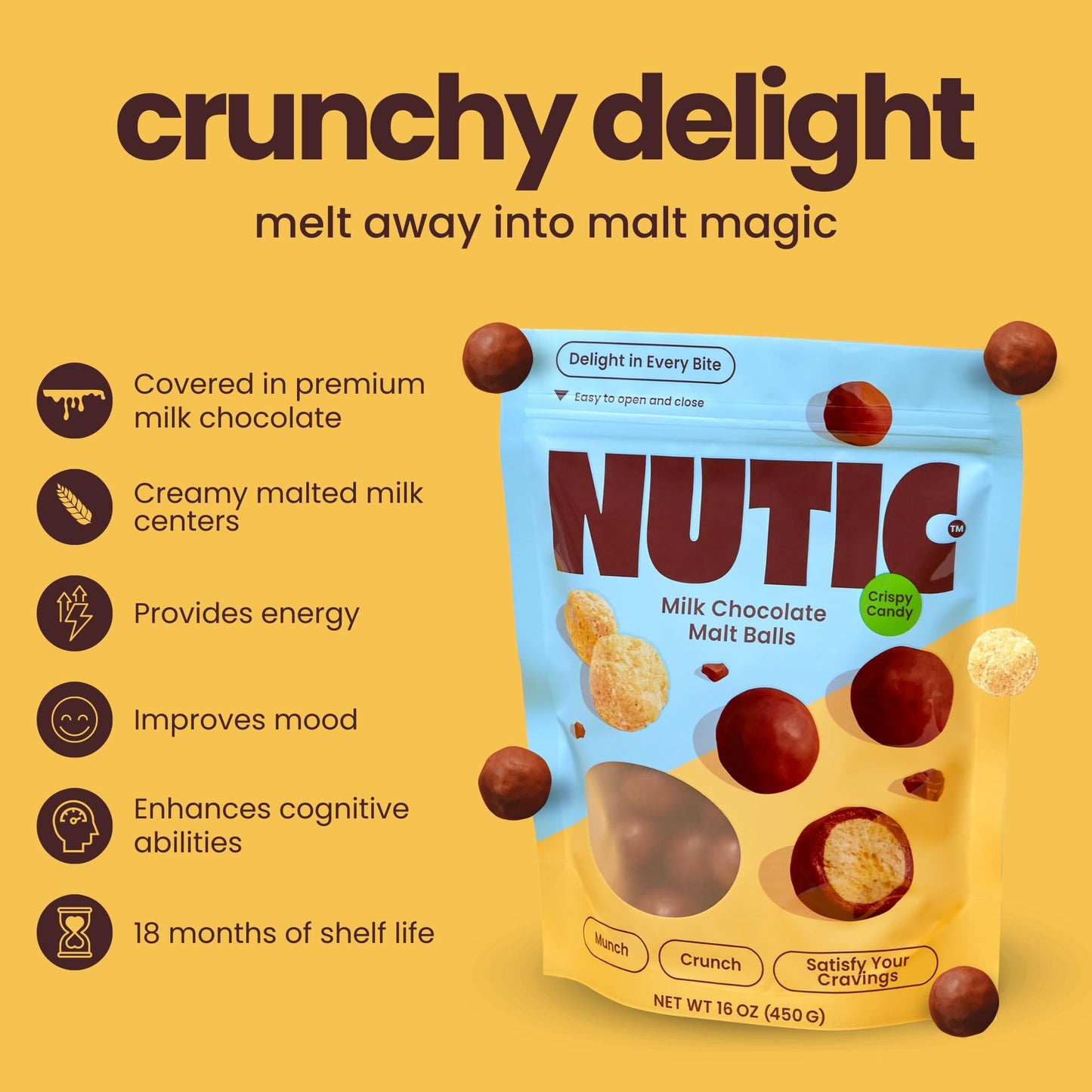 Nutic Gourmet Milk Chocolate Covered Malted Milk Balls - 1 Lb Bulk Candy for Christmas, Holidays & Family Movie Nights - Ideal Food Gift for Couples