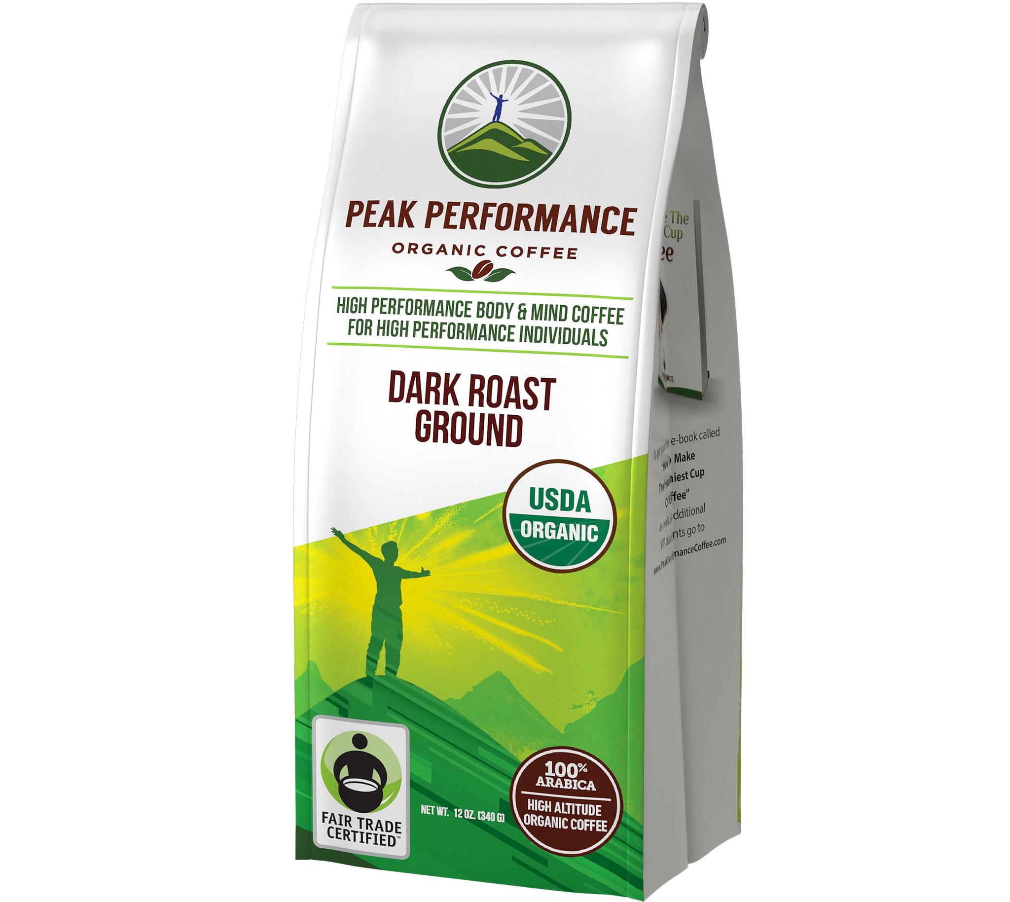 Peak Performance High Altitude Organic Coffee - Fair Trade, Low Acid, Non GMO, and Beans Full of Antioxidants - Dark Roast Smooth Tasting USDA