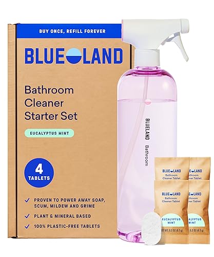 BLUELAND Bathroom Cleaner, Starter Set, Eucalyptus Mint Scent, Spray Bottle with 4 Refill Tablets, Eco-Friendly Cleaning Supplies, 4 x 24 Fl oz