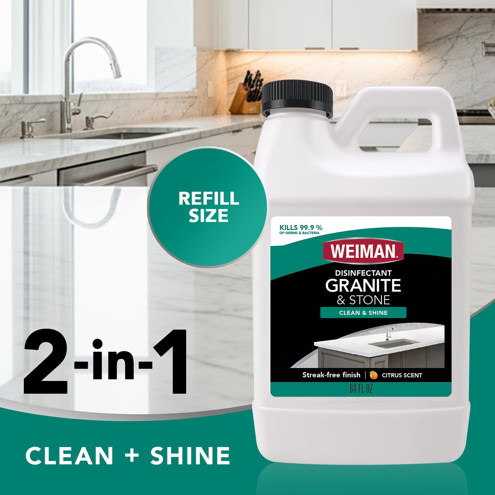 Weiman Disinfecting Granite Cleaner & Polish Value Pack - (1) 24 oz Spray Bottle, (1) 64 oz Refill
