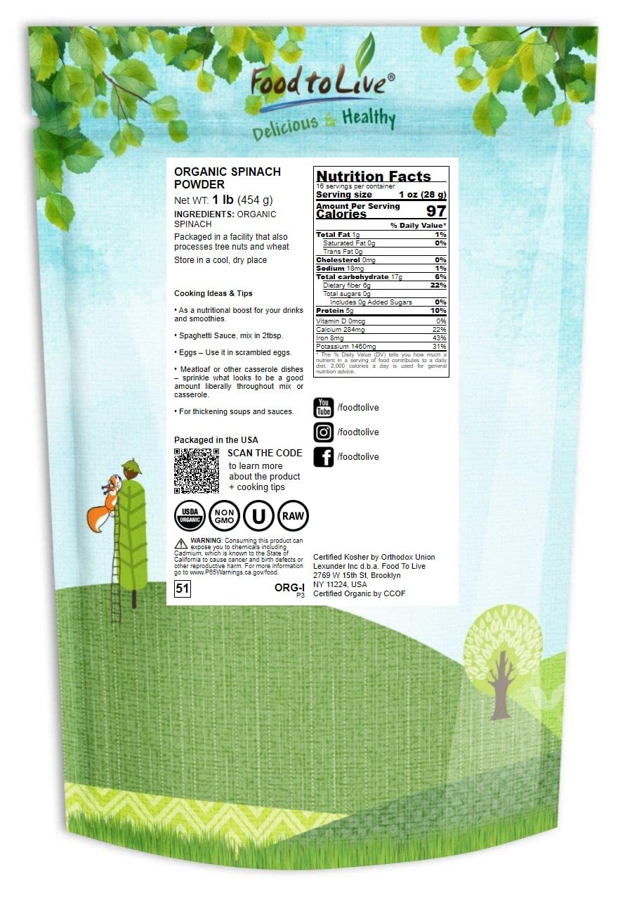 Food to Live Organic Spinach Powder, 1 Pound - Non-GMO, Finely Ground Dehydrated Leaves, Pure, Vegan, Kosher, Bulk. Source of Fiber, Vitamin A, Iron