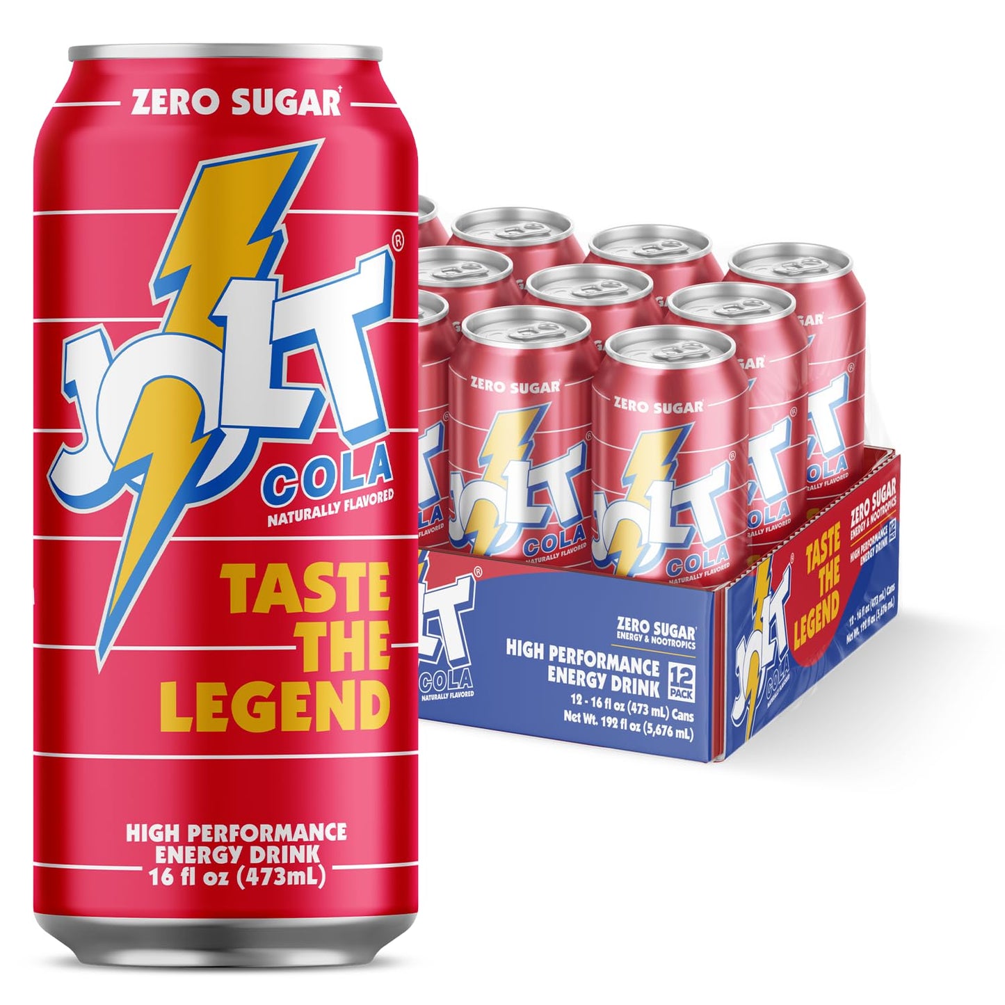 JOLT Cola Energy Drink - 200mg Caffeine, Zero Sugar, 16oz Can - Classic 80s Flavor, Nootropics, B-Vitamins, Metabolism Boost - Performance Energy