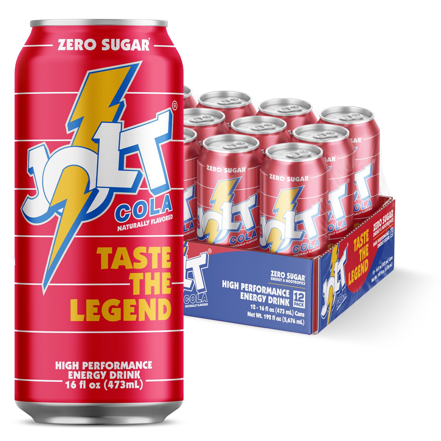 JOLT Cola Energy Drink - 200mg Caffeine, Zero Sugar, 16oz Can - Classic 80s Flavor, Nootropics, B-Vitamins, Metabolism Boost - Performance Energy