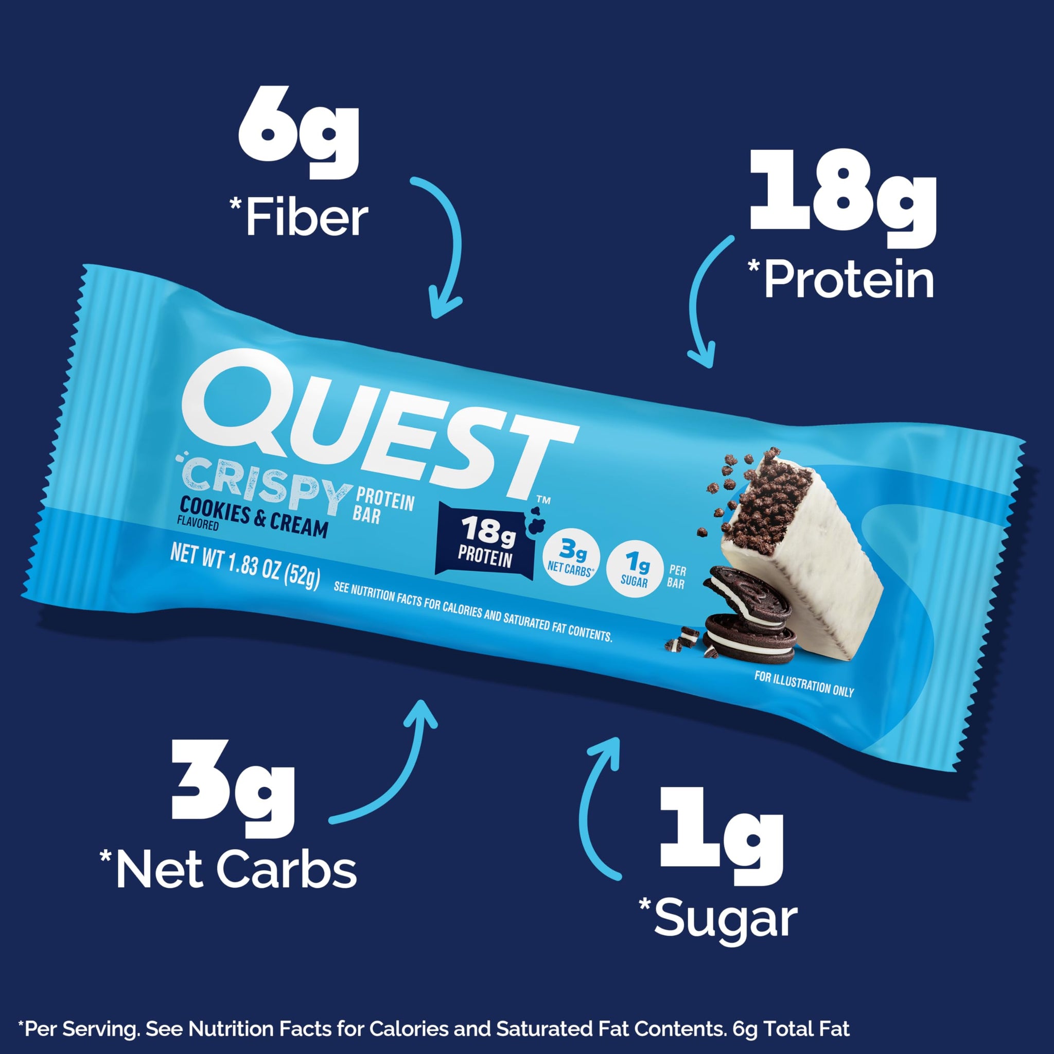 Quest Nutrition Crispy Cookies & Cream Hero Protein Bar, 18g Protein, 1g Sugar, 3g Net Carb, Gluten Free, Protein Snack, Keto Friendly, 4 Count
