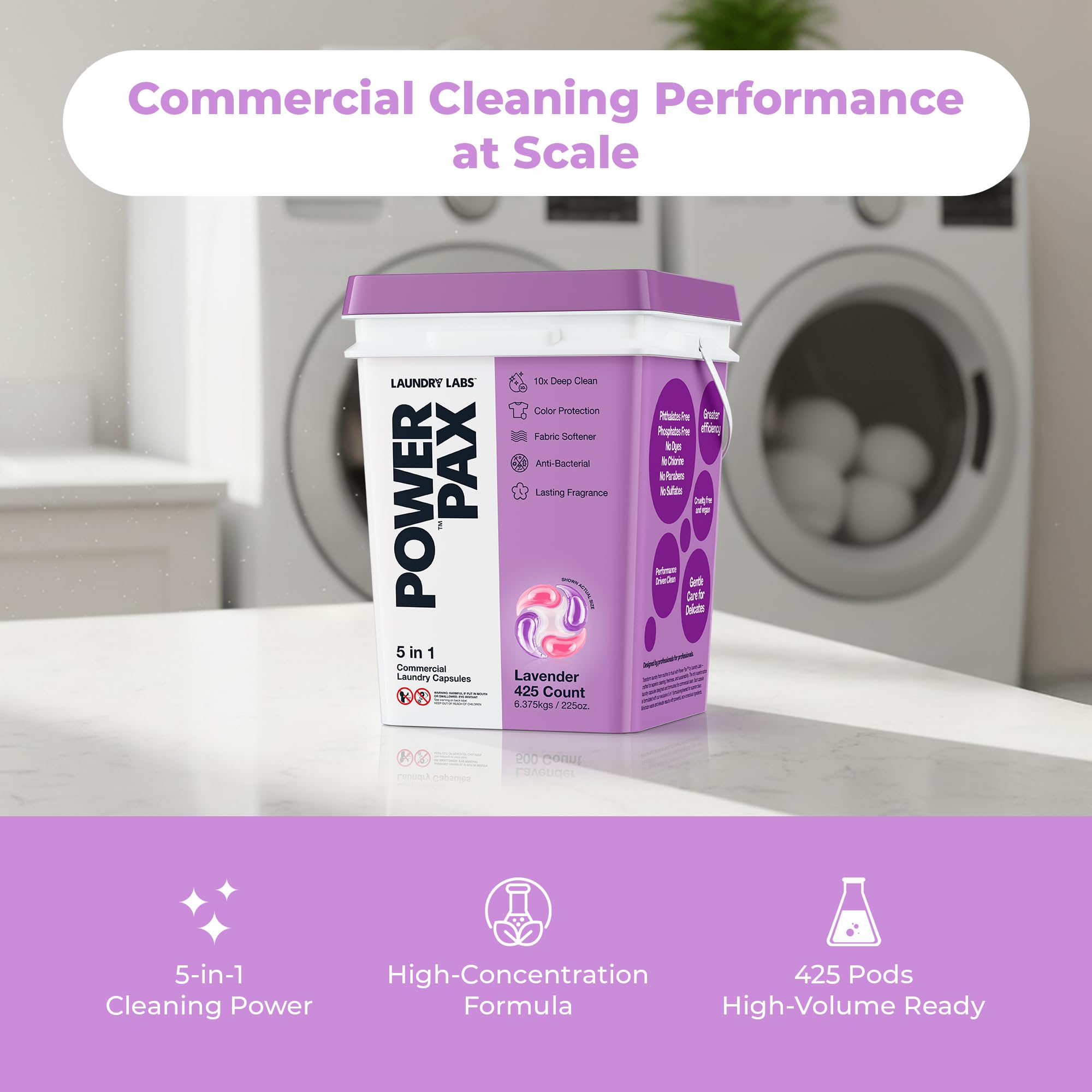 PowerPax 5-in-1 Laundry Detergent Pods - 425 Count, Washer Pods with Stain Remover, Odor Control, Fabric Softener & Color Care for Commercial Laundry