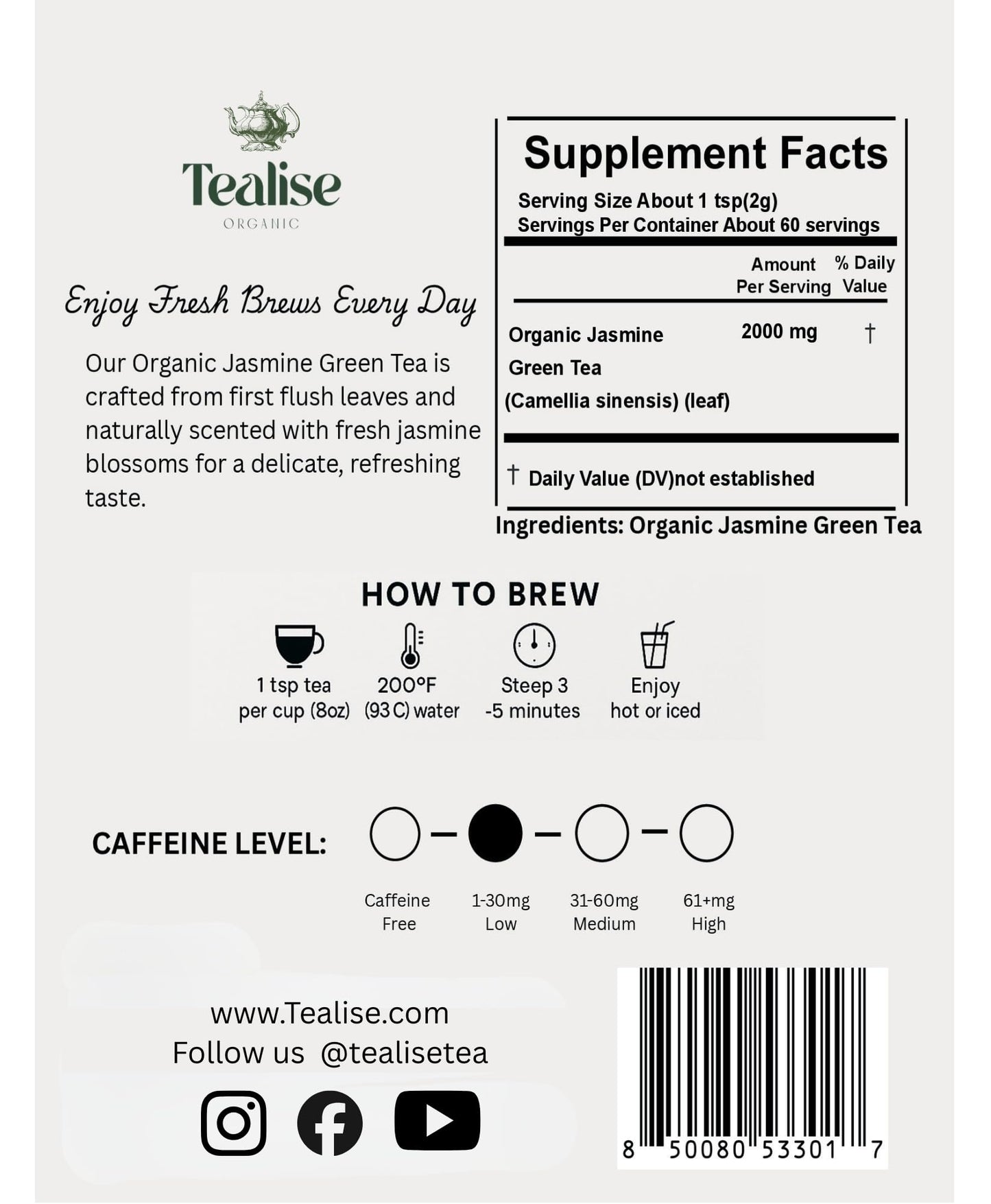 Organic Jasmine Green whole Leaf Pyramid Tea Bags - USDA Organic, Plant-Based & Plastic-Free Tea Bags, Smooth Floral Green Tea, 60 Count by Tealise