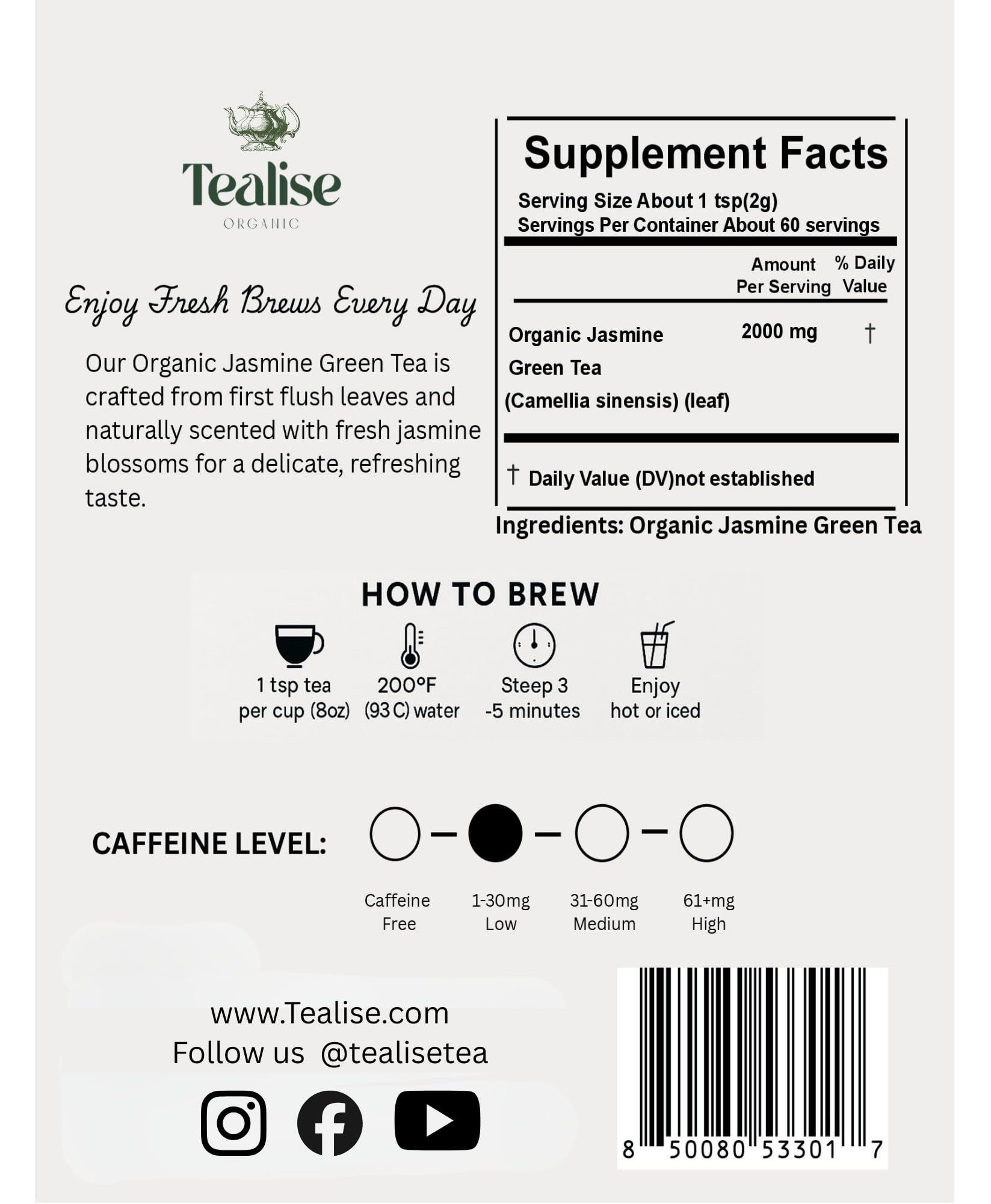 Organic Jasmine Green whole Leaf Pyramid Tea Bags - USDA Organic, Plant-Based & Plastic-Free Tea Bags, Smooth Floral Green Tea, 60 Count by Tealise
