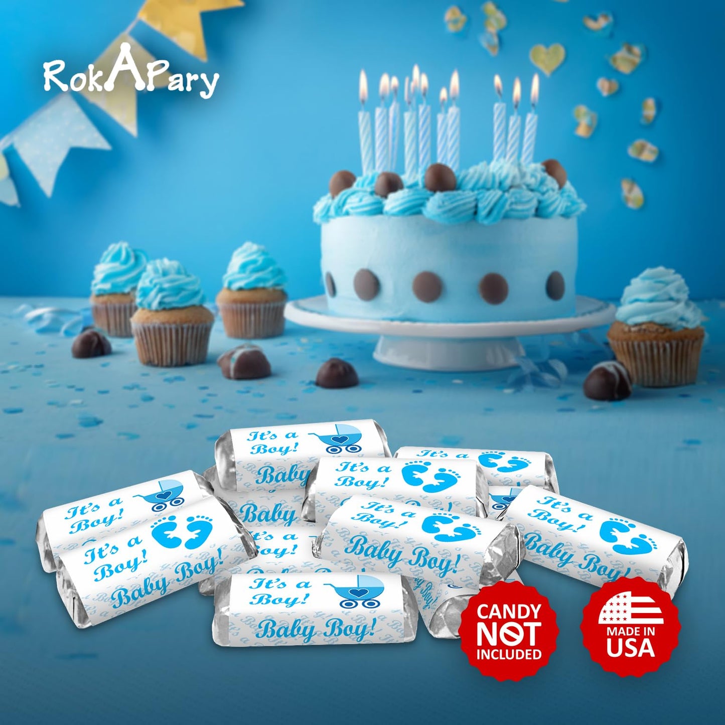 60 Blue Its a Boy Baby Shower Miniatures Candy Bar Wrapper Labels, Baby Shower Miniatures Candy Bar Stickers Decorations, Candy Not Included. Made in