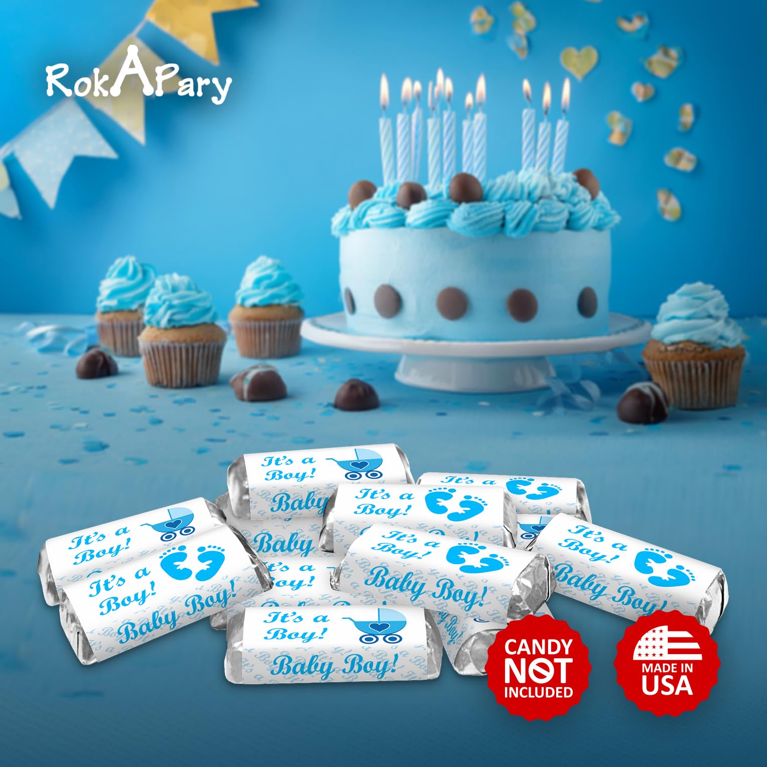 60 Blue Its a Boy Baby Shower Miniatures Candy Bar Wrapper Labels, Baby Shower Miniatures Candy Bar Stickers Decorations, Candy Not Included. Made in