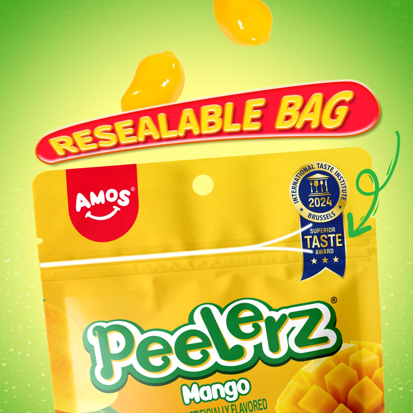 AMOS Peelerz Peelable Mango Gummy Candy,Soft Chewy Gummy Snack Made with Real Fruit Juice, Pack of 1