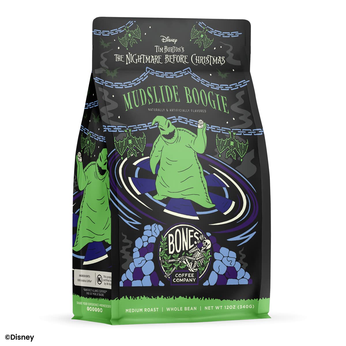 Bones Coffee Company The Nightmare Before Christmas Mudslide Boogie Flavored Coffee Beans, Whole Bean Coffee Medium Roast Low Acid, Chocolate Mudslide