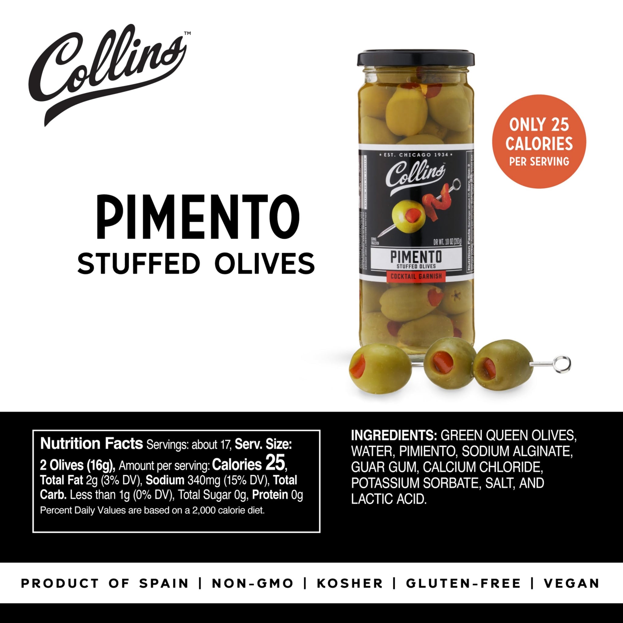 Collins Colossal Martini Pimento Olives | Premium Garnish for Cocktails, Martinis, and Salads, Snack Trays, Charcuterie, Cheese Plates, Condiment