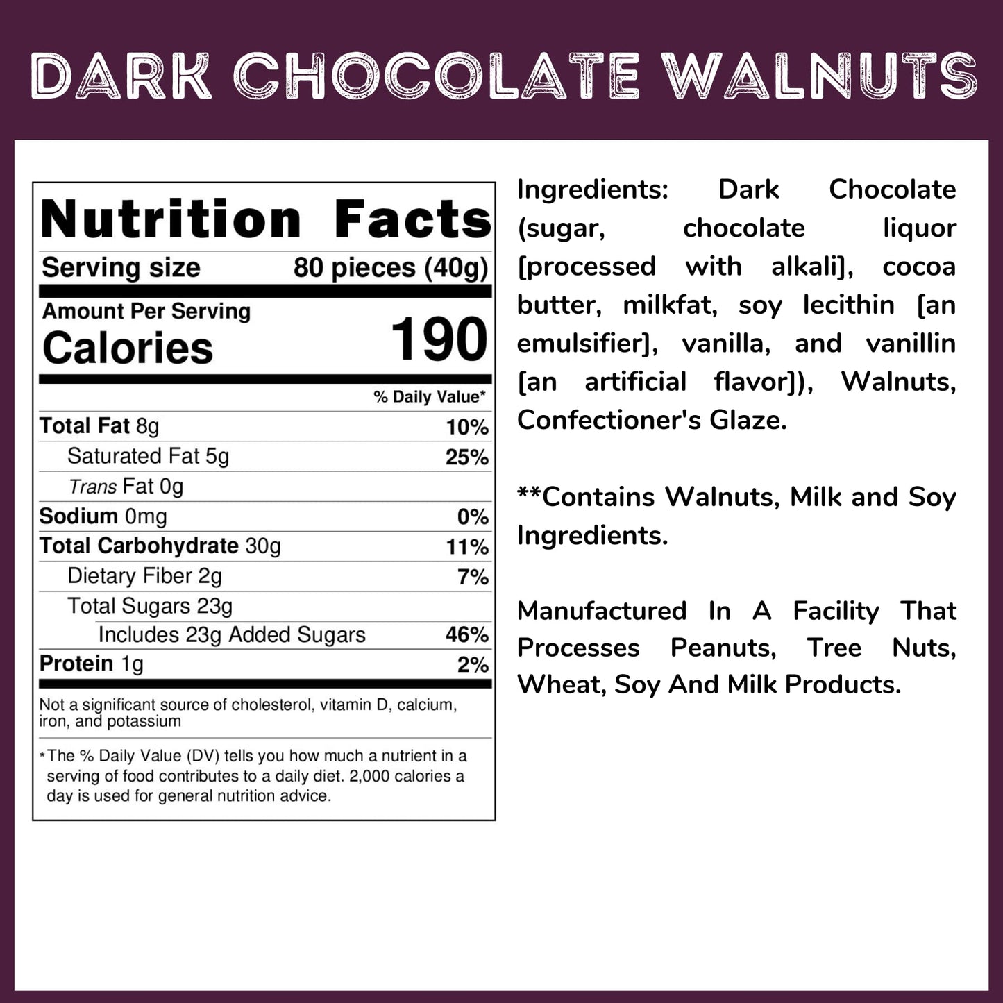 Dark Chocolate Covered Walnuts - 1.25 Lb Tub