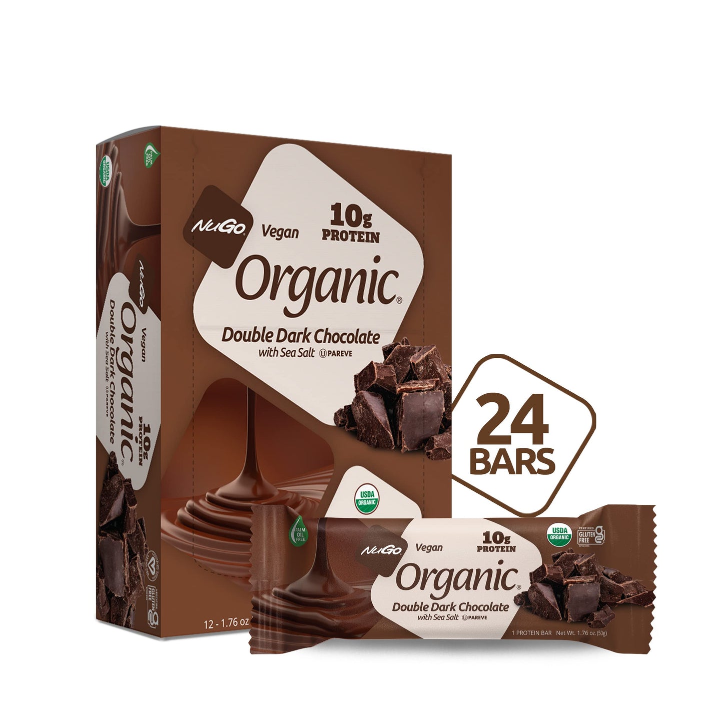 Nugo Organic Double Dark Chocolate, 10g Vegan Protein, Gluten Free, 24 count
