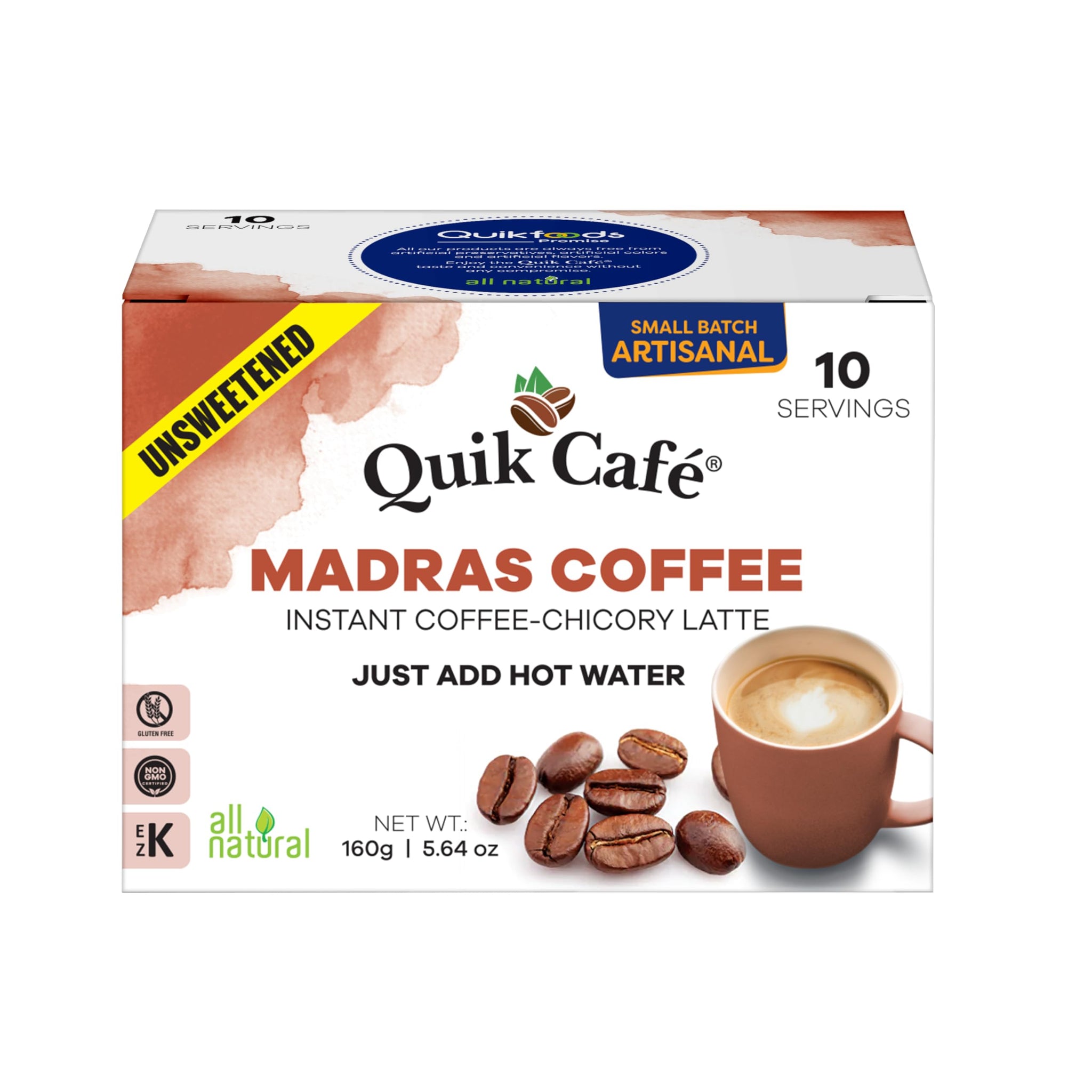 QuikCafé Madras Unsweetened Coffee - 10 Count, Instant Herbal Blend with Natural Ingredients, Caffeine-Light, Preservative-Free - Just Add Hot Water
