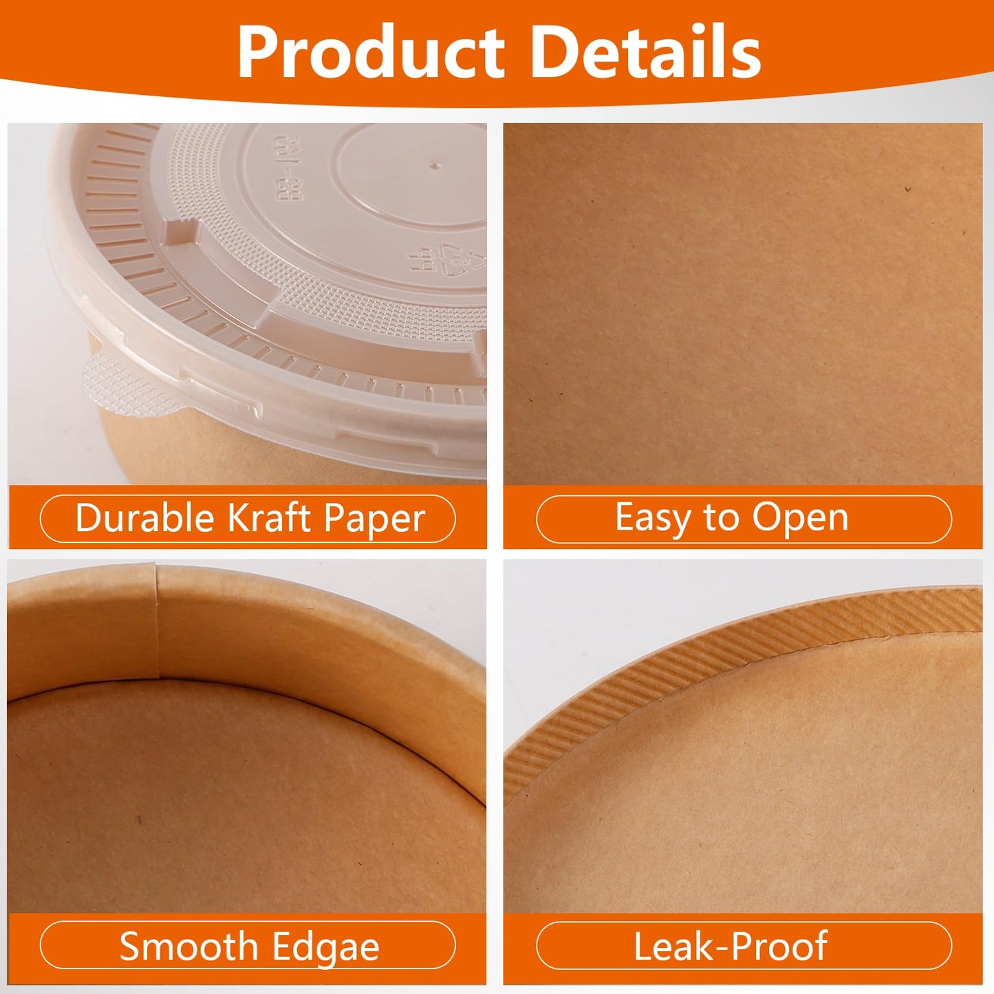 Gabotrie 50 Pack Large Paper Bowls with Lids, 36 Oz Kraft Round Paper Bowl, Disposable Salad Bowl with Lids, Disposable Soup Bowl Take Out Containers