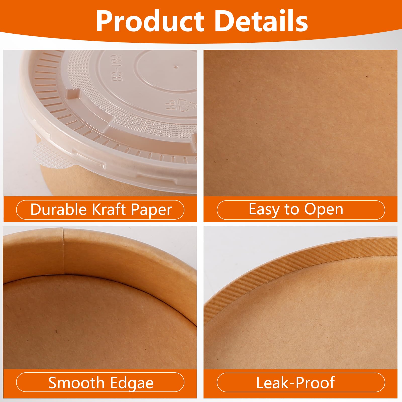 Gabotrie 50 Pack Large Paper Bowls with Lids, 36 Oz Kraft Round Paper Bowl, Disposable Salad Bowl with Lids, Disposable Soup Bowl Take Out Containers