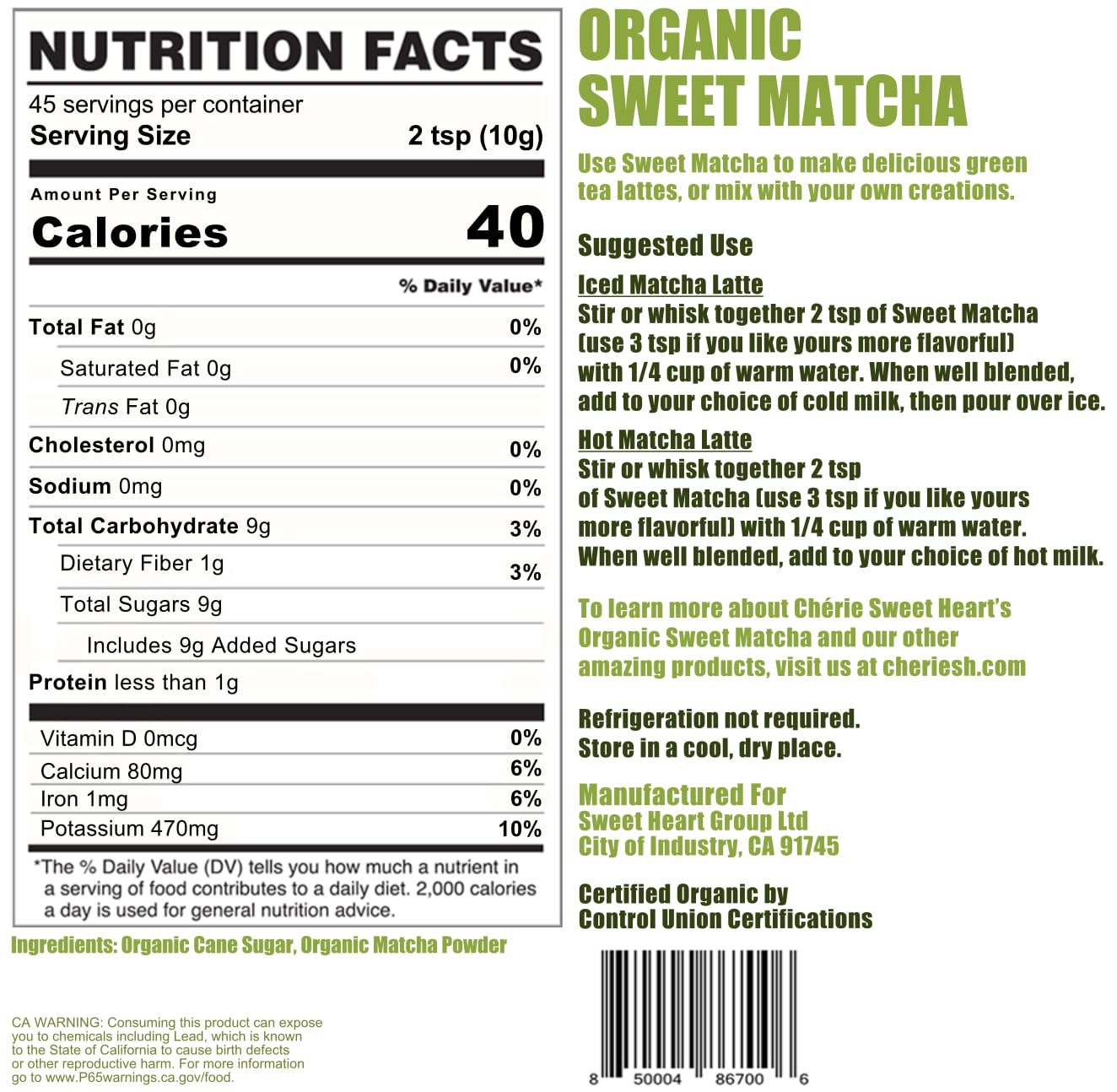 Organic Sweet Matcha Green Tea Powder - Cafe Style Blend by Cherie Sweet Heart - 16oz, Vegan & Gluten-Free, Rich in Antioxidants, Perfect for Lattes