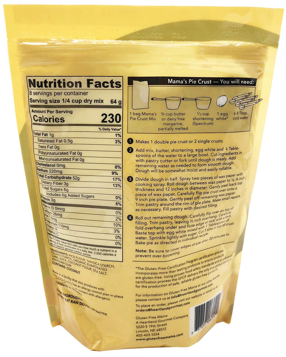 6054 | Gluten Free Mamas Pie Crust Mix | 18 oz. Bag. Light and Flaky - Certified Gluten Free Ingredients - All Purpose - Safe for Celiac Diet - Easy to Store