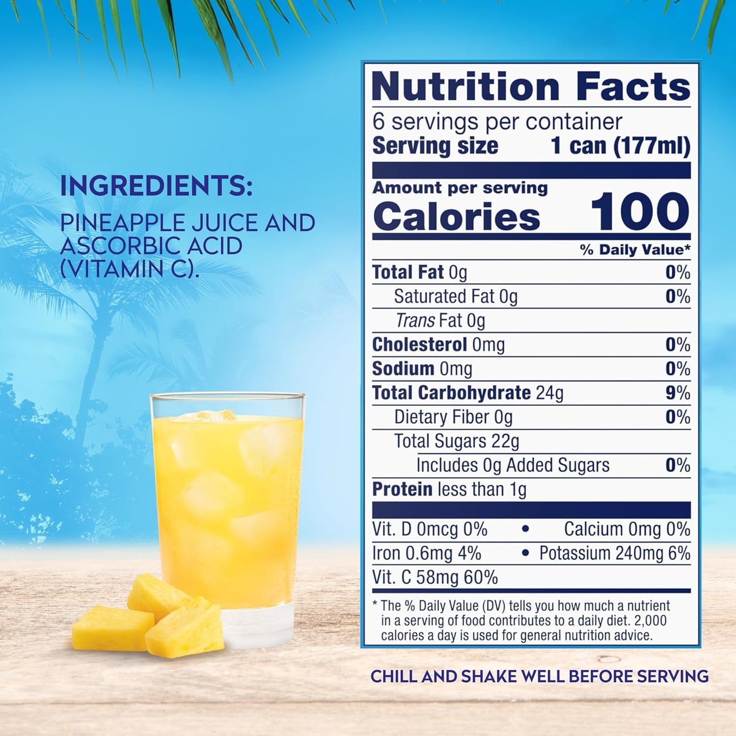 Dole 100% Pineapple Juice, No Added Sugar, Excellent Source of Vitamin C, 100% Fruit Juice, 6 Fl Oz (Pack of 6), Packaging May Vary