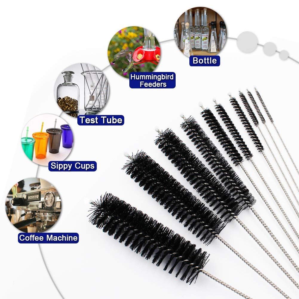DiCUNO Straw Cleaning Brushes Set, 8 Inch Nylon Tube Brushes, Different Sizes Clean Brush for Bottle, Pipe, Keyboard, 2 Sets of Super Hard & Medium