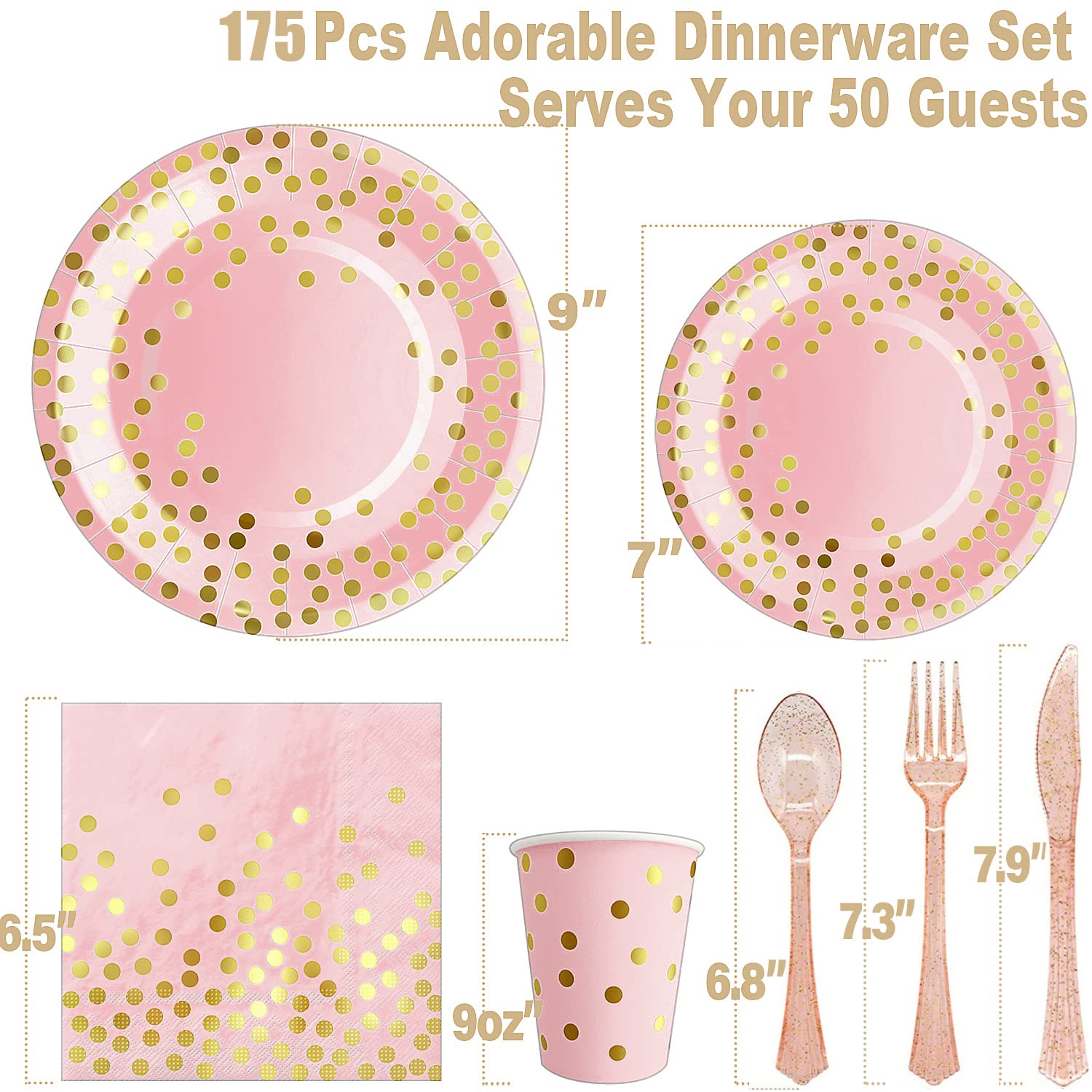 AIRE 175PCS Pink Rose Gold Plates Party Supplies Severs 25 Guests Disposable Party Decorations, Plastic Forks Knives Spoons, Golden Dot Paper Plates