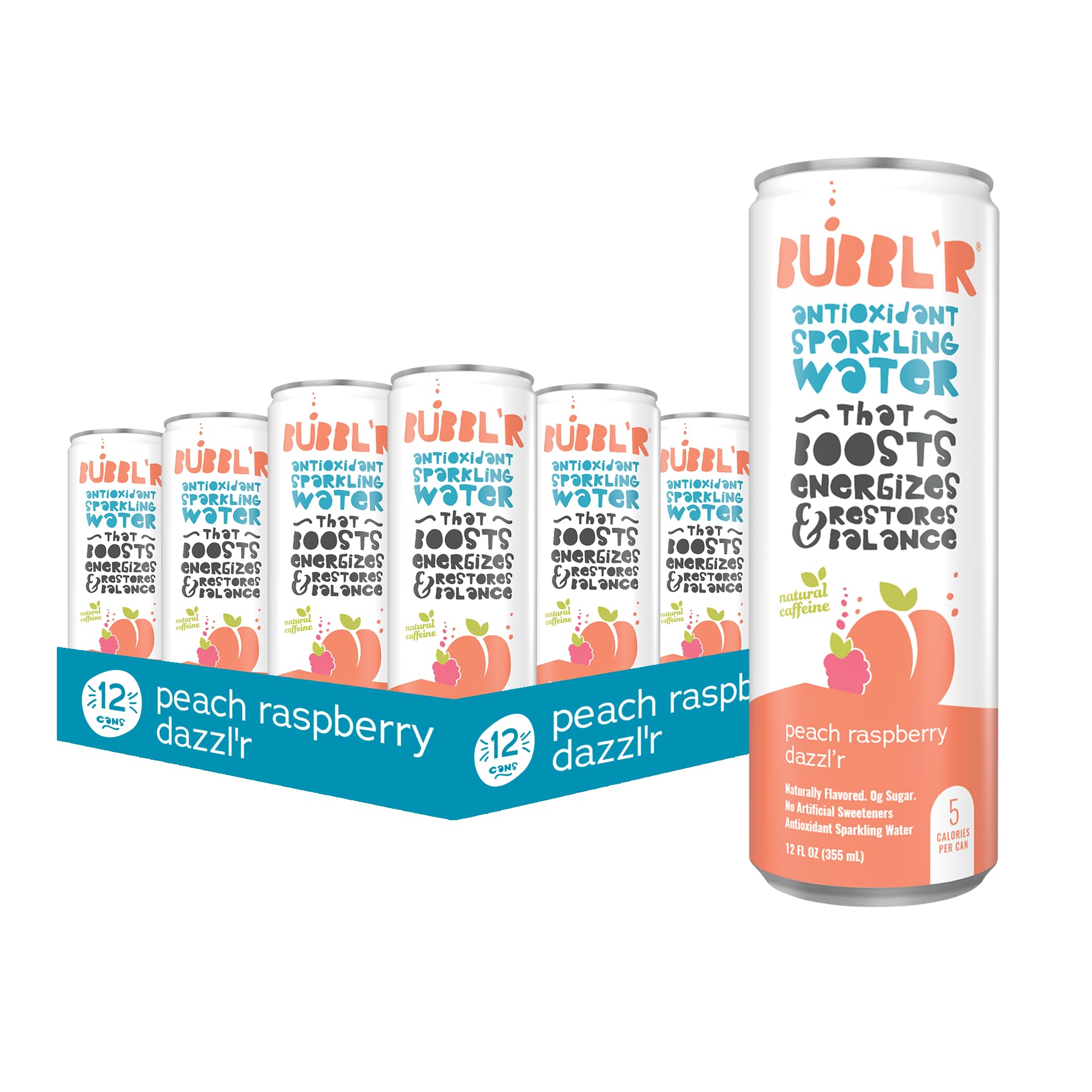 BUBBL'R peach raspberry dazzl'r, Antioxidant Sparkling Water with Natural Caffeine, 0g Sugar, Gluten Free, All Natural Flavors, 12 Fl Oz Cans, 12