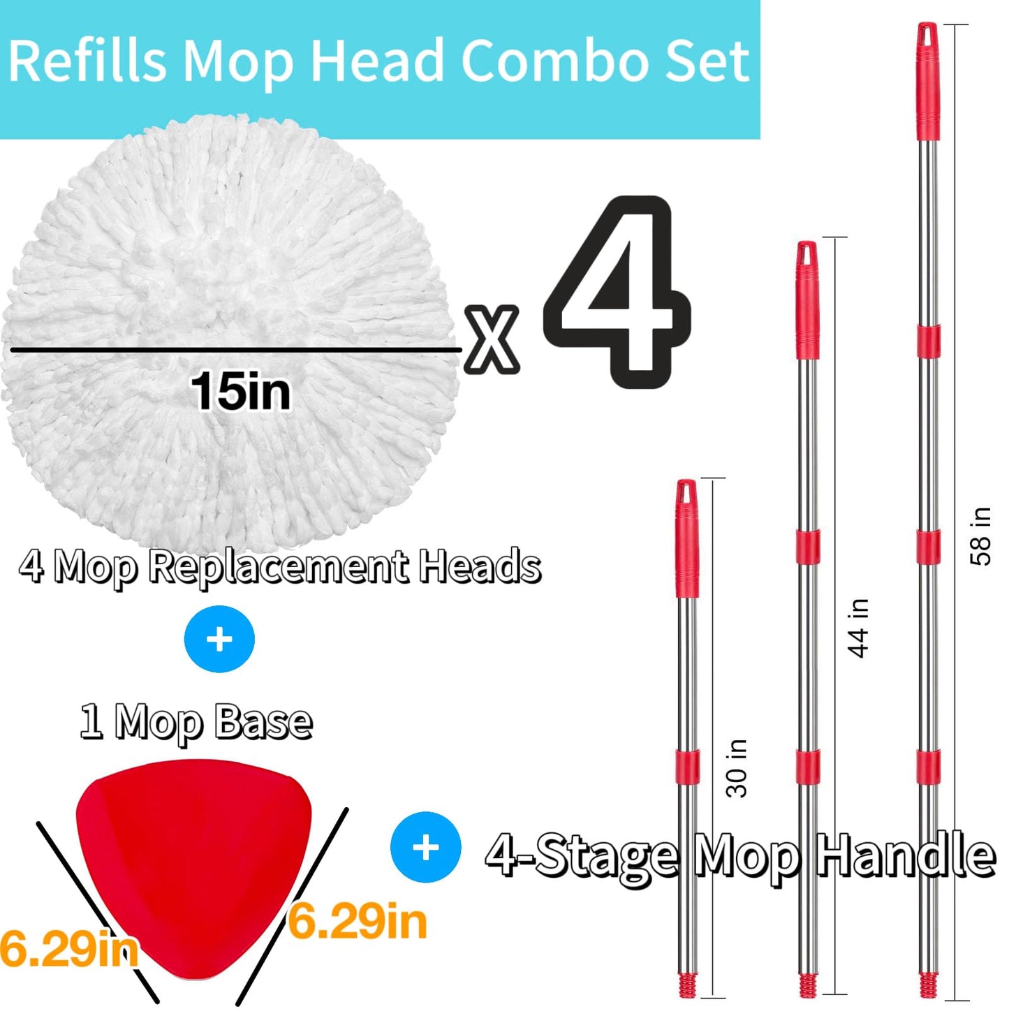 4 Pack Spin Mop Replacements Heads Compatible for O ceda EasyWring 1 Tank System, Microfiber Mops Head Refills , 1 Triangle Head Base and 30-58in