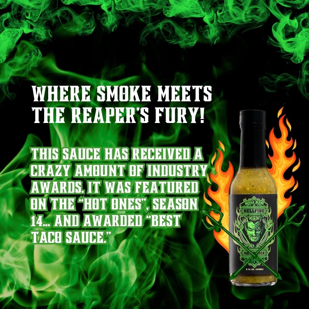 Hellfire Hot Sauce Devil’s Blend - Fire-Roasted Carolina Reaper Salsa Verde Gourmet Hot Sauce, Featured on Hot Ones TV Show, 5 oz.