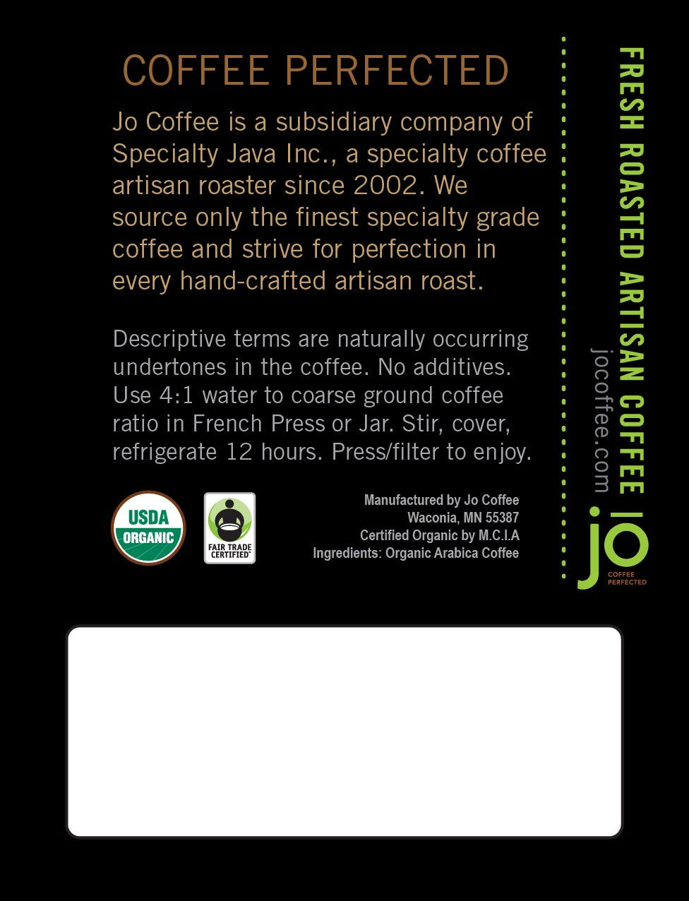 STONE COLD JO: 12 oz, Cold Brew Coffee Blend, Dark Roast, Whole Bean Organic Coffee, Low Acidity, Great Brewed Hot Too, USDA Certified Organic, Fair