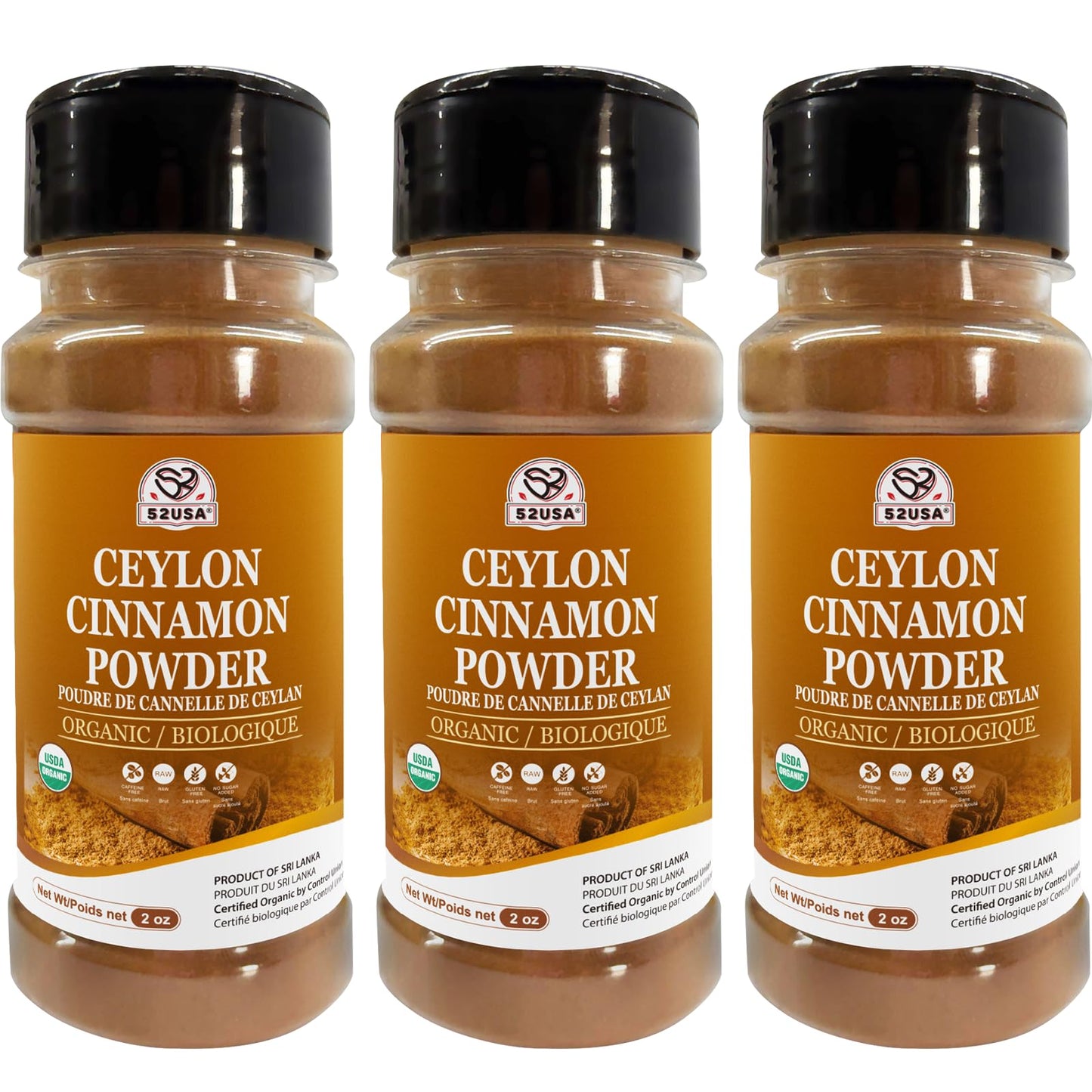 52USA Organic Ceylon Cinnamon Powder, 2 Ounce (Pack of 3), True Cinnamon Farmed in Sri Lanka, Non-GMO, Gluten-Free, Perfect for Baking, Cooking and