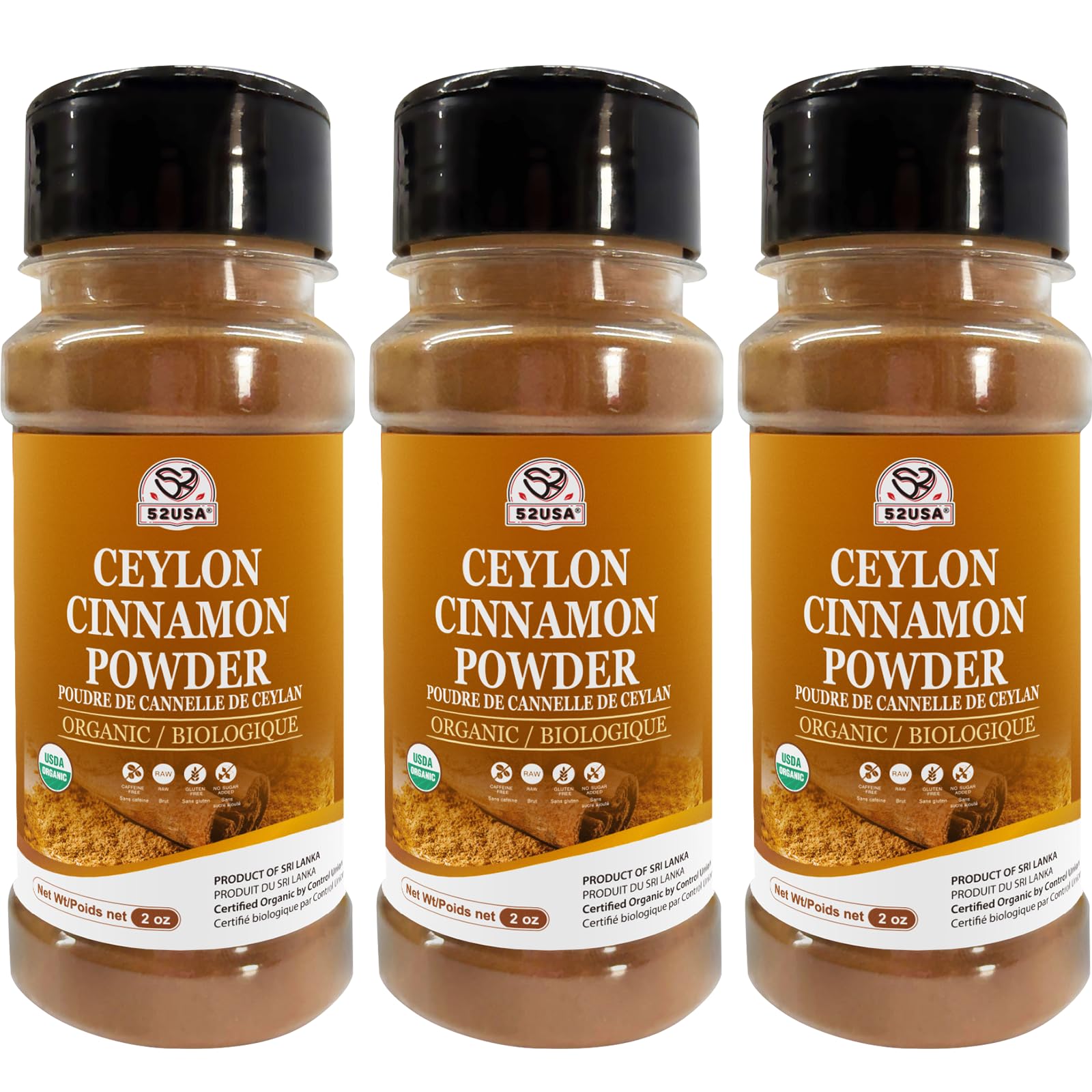 52USA Organic Ceylon Cinnamon Powder, 2 Ounce (Pack of 3), True Cinnamon Farmed in Sri Lanka, Non-GMO, Gluten-Free, Perfect for Baking, Cooking and