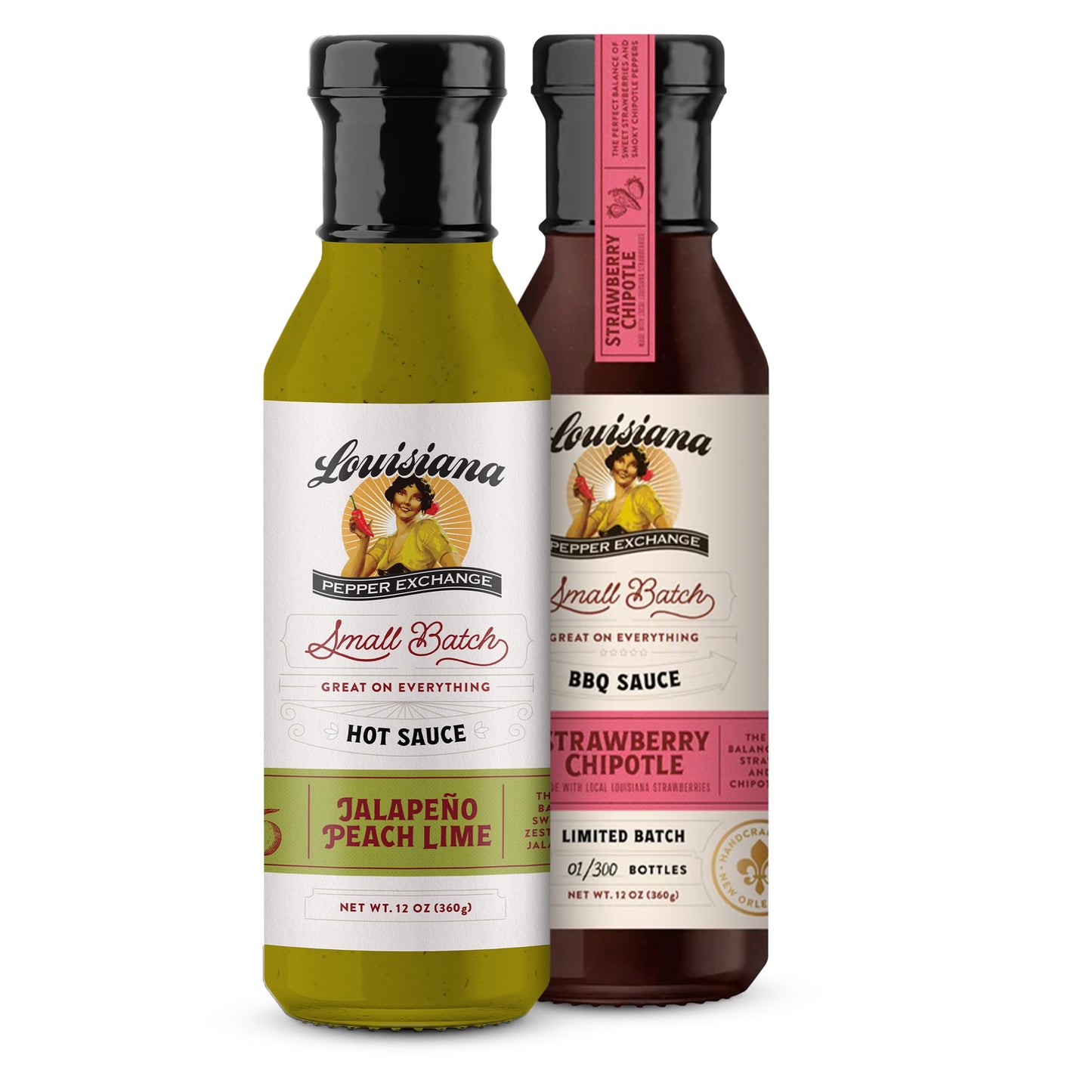 Louisiana Pepper Exchange Strawberry Chipotle BBQ and Jalapeno Peach Lime Hot Sauce Set, Gluten-Free, 12 Fl Oz, 2-Pack