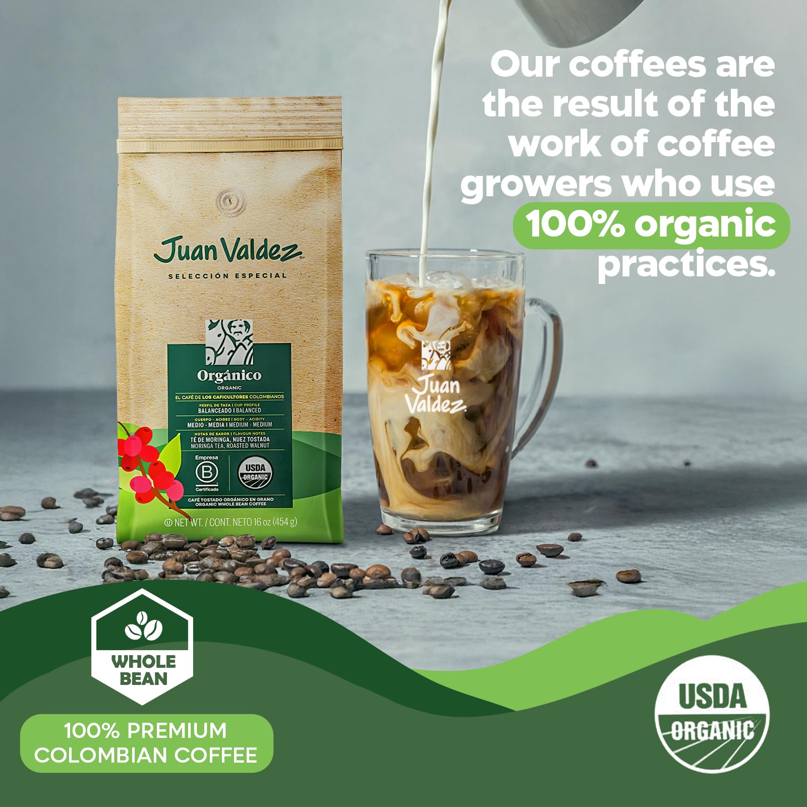 Juan Valdez Organic Whole Bean Coffee - Balanced Roast | 100% Colombian Arabica Beans | 100% Colombian Coffee - Balanced Profile with Moringa & Nutty