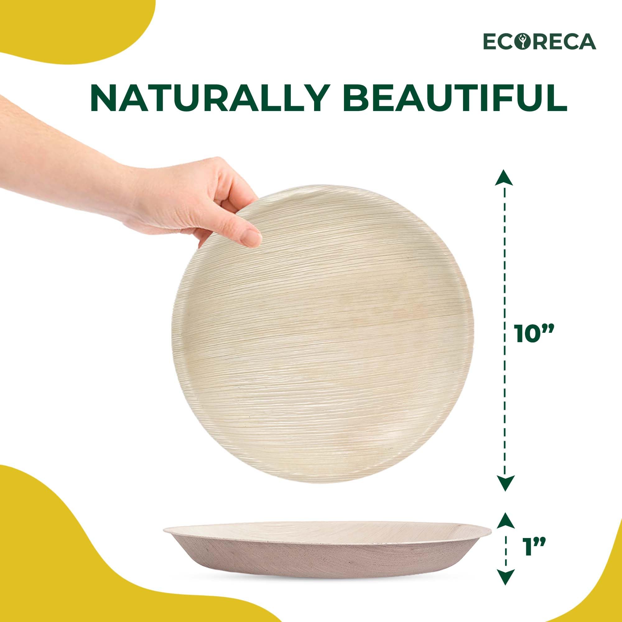 ECORECA 50-Pack Biodegradable Palm Leaf Dinnerware Set | 10-Inch Round Plates |Eco-Friendly and Microwave Safe | Disposable Party Plates, BBQ |