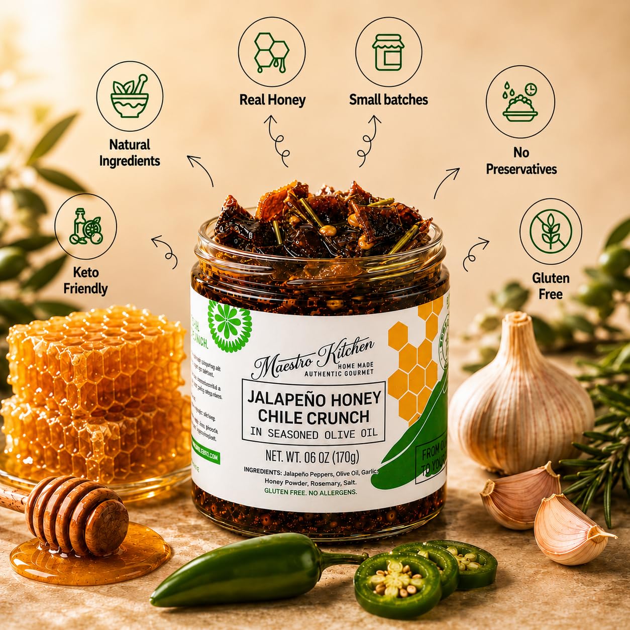Maestro Kitchen Jalapeño Honey Chile Crunch - Mild Sweet & Spicy Chili Crunch with Olive Oil, Garlic & Rosemary - Crunchy Mexican Chili Oil & Topping